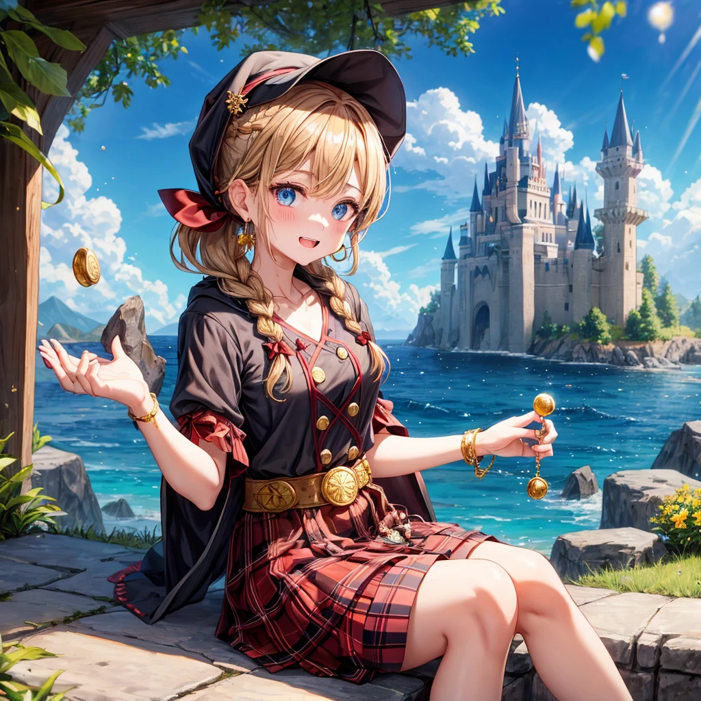 reddish-brown blonde、blue eyes、Braid、ponytail、one good looking girl、solo、anime、plaid mini skirt、the skirt has buttons、camisole、black t-shirt、dress、wearing a ribbon、ribbon at waist、cloak、Crystal Grotto、hood、desert、clouds are swirling、stone slabs are piled up、one hand raised、Wearing a baseball cap 、crystal earrings、sun、sitting、gold coins are falling、teeth are visible、splash of water、monster castle、have a world map、bow、Swing、ceiling