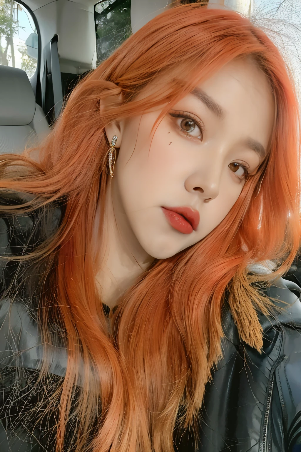 un primer plano de una mujer con largo cabello rojo y una chaqueta negra, she has long redpelo naranja, She has long orange-brown hair., parque roseanne de blackpink, sol yunjoo, maquillaje popular de corea del sur, pelo naranja, jossi de blackpink, portrait of jossi de blackpink, cl, long pelo naranja, ella tiene el cabello rojo, tinte de pelo