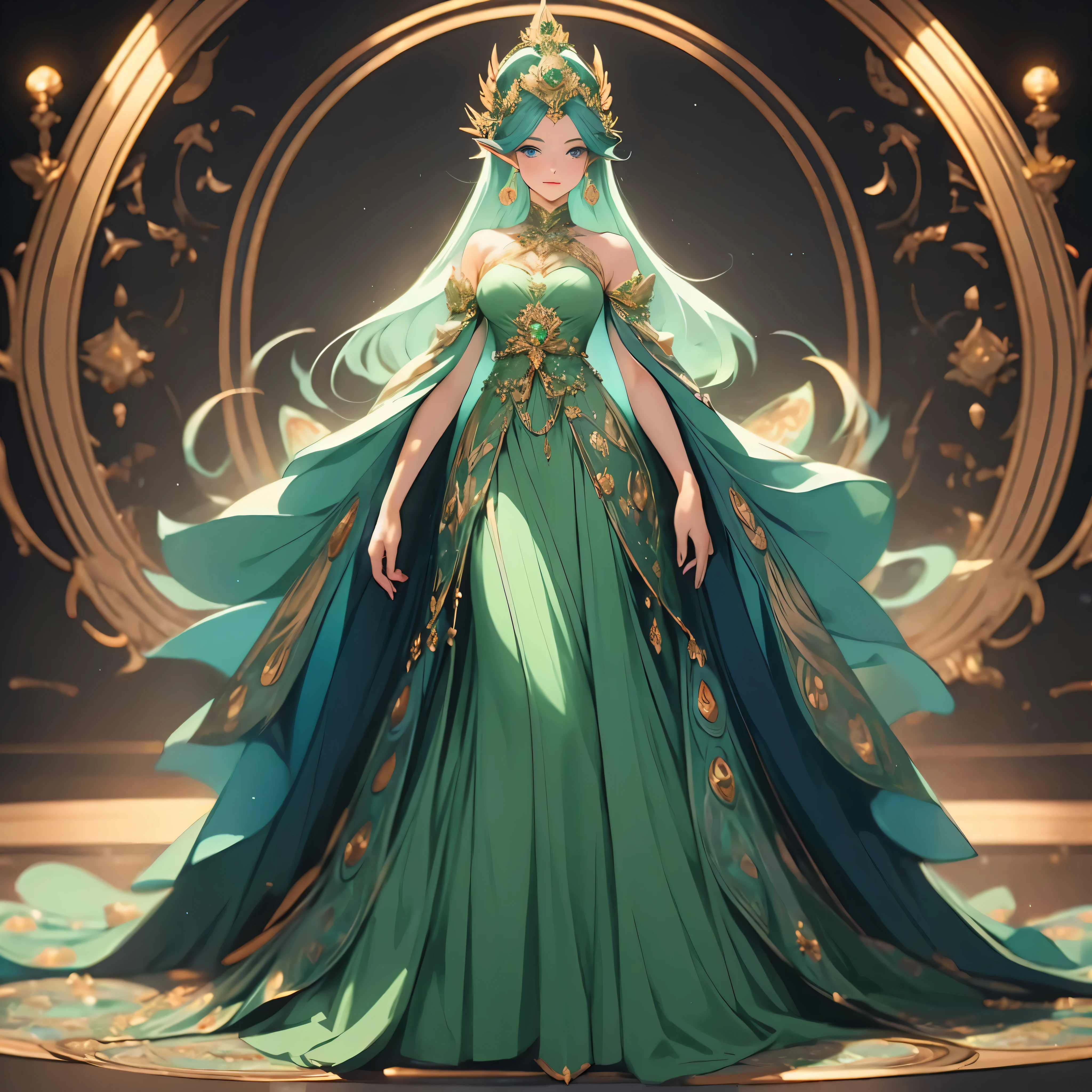 a woman in a green dress standing in front of a circular frame, a beautiful fantasy empress, ((a beautiful fantasy empress)), beautiful and elegant elf queen, gilded lotus princess, an elf queen, fey queen of the summer forest, fantasy art style, elf queen, trending on artstation pixiv, royal elegant pose, anime goddess, 8k high quality detailed art, Face, face only