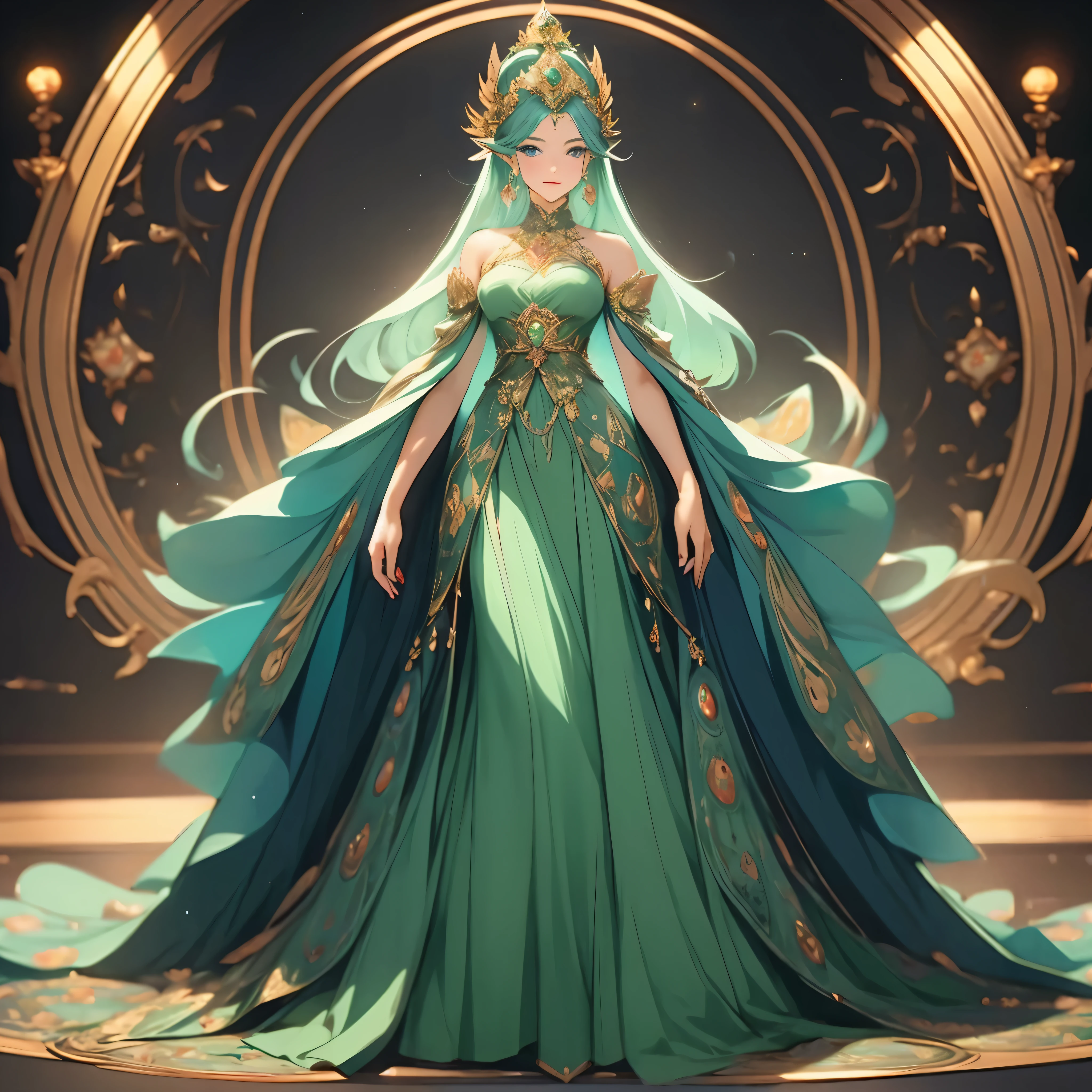 a woman in a green dress standing in front of a circular frame, a beautiful fantasy empress, ((a beautiful fantasy empress)), beautiful and elegant elf queen, gilded lotus princess, an elf queen, fey queen of the summer forest, fantasy art style, elf queen, trending on artstation pixiv, royal elegant pose, anime goddess, 8k high quality detailed art, Face, face only