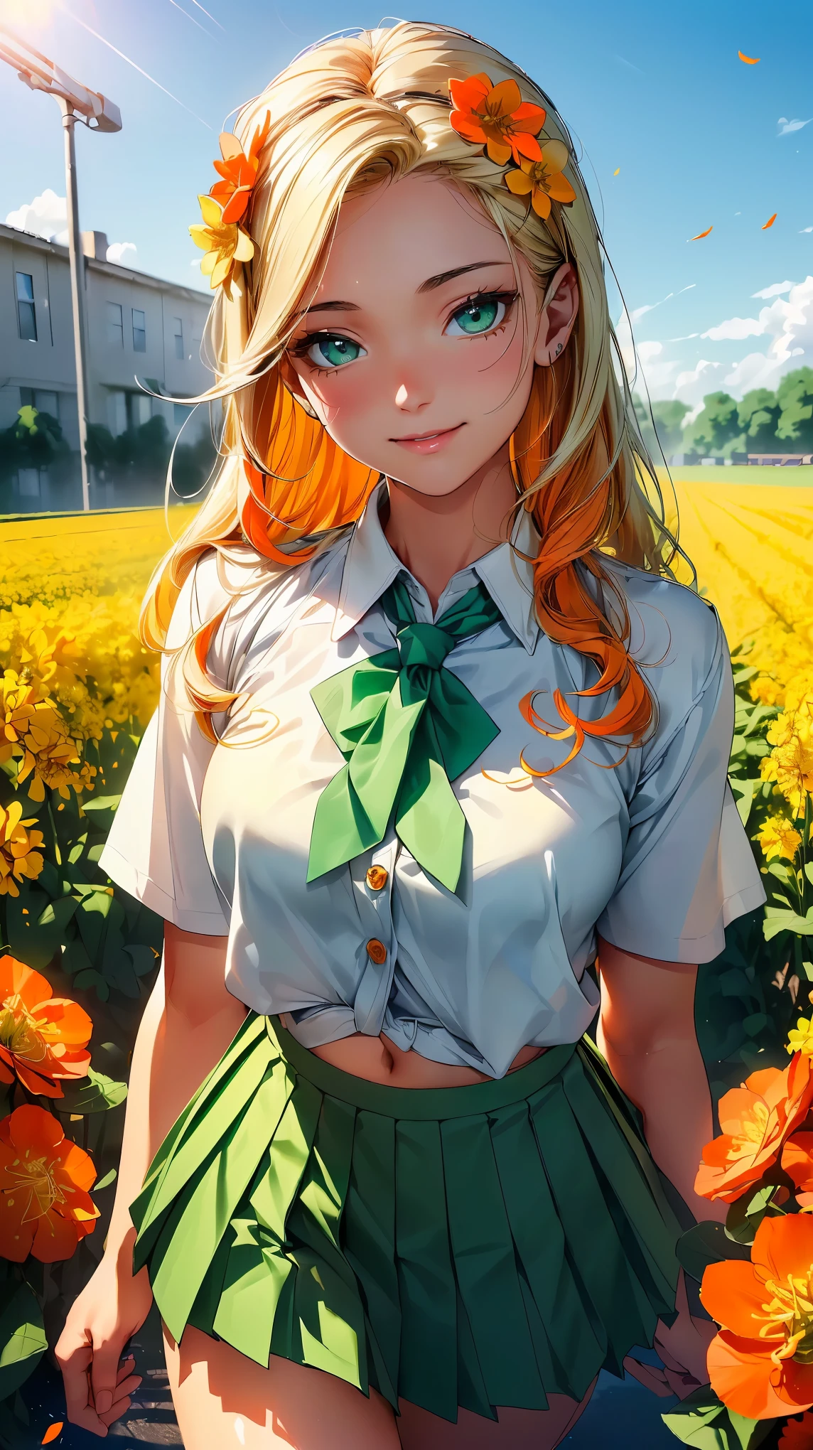 (8K, RAW photo, 最high quality, masterpiece:1.2), High-definition RAW color photo, professional photography, concept art, (((1人のlikeい女性))), (sharp features), (small face), (high detail skin:1.2), clavicle, cute face, beautiful appearance, beautiful eyelashes, (blonde, blue colored eyes, long hair), (beautiful breasts), (slim body shape:1.4), Highly detailed face and skin texture, detailed eyes, double eyelid, ((bright yellow flower field;1.2, rape blossom field, Beautiful high school girl running through a flower field)), wood々Soft sunlight shining through, Delicate petals dancing in the breeze, Natural beauty in full bloom, soft blue sky, A gentle shadow that emits an elegant shine, Dew drops shining on various petals, flowing, Elegant movement, (((Joyful expression, smile:1.2, open your mouth and laugh))), dreamy atmosphere, ((, private high school uniform, white shirt and green tie, orange pleated skirt:1.5)), Clothes fluttering in the refreshing breeze, dynamic motion blur effect, like々new energy, beautiful skin, shiny skin, (((perfect fingers, five fingers, anatomically correct))), background bokeh, high quality, bright colors, ((award winning photography, Realistic light and shadow with attention to detail)), Immersive 3D rendering, Professional 3D artistry,