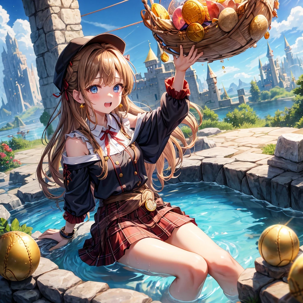 reddish-brown blonde、blue eyes、Braid、ponytail、one good looking girl、solo、anime、plaid mini skirt、the skirt has buttons、camisole、black t-shirt、dress、wearing a ribbon、ribbon at waist、cloak、Crystal Grotto、hood、desert、clouds are swirling、stone slabs are piled up、one hand raised、Wearing a baseball cap 、crystal earrings、sun、sitting、gold coins are falling、teeth are visible、splash of water、monster castle、have a world map、bow、Swing、ceiling