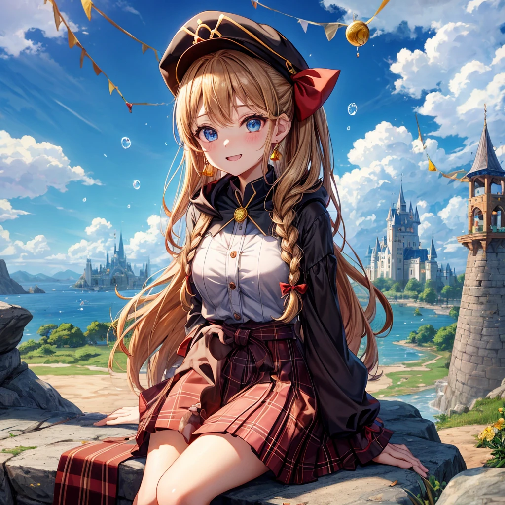 reddish-brown blonde、blue eyes、Braid、ponytail、one good looking girl、solo、anime、plaid mini skirt、the skirt has buttons、camisole、black t-shirt、dress、wearing a ribbon、ribbon at waist、cloak、Crystal Grotto、hood、desert、clouds are swirling、stone slabs are piled up、one hand raised、Wearing a baseball cap 、crystal earrings、sun、sitting、gold coins are falling、teeth are visible、splash of water、monster castle、have a world map、bow、Swing、ceiling