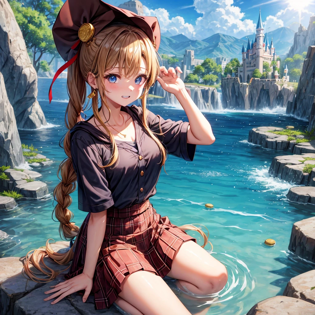 reddish-brown blonde、blue eyes、Braid、ponytail、one good looking girl、solo、anime、plaid mini skirt、the skirt has buttons、camisole、black t-shirt、dress、wearing a ribbon、ribbon at waist、cloak、Crystal Grotto、hood、desert、clouds are swirling、stone slabs are piled up、one hand raised、Wearing a baseball cap 、crystal earrings、sun、sitting、gold coins are falling、teeth are visible、splash of water、monster castle、have a world map、bow、Swing、ceiling