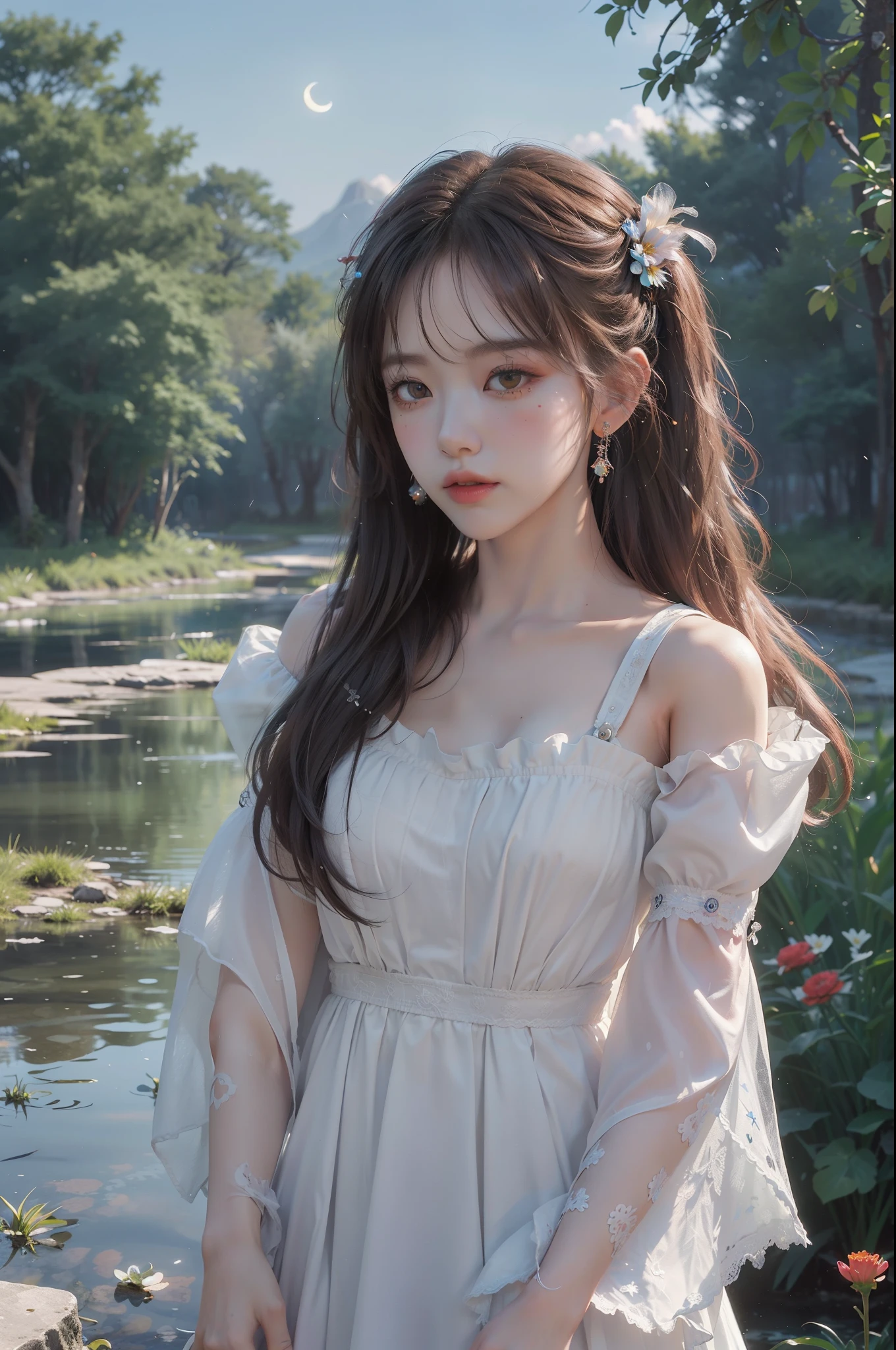 (8k, RAW photo: 1.2), highest quality, ultra high resolution, full body, (fluttering detailed color splash), (illustration), (one girl))), (long hair), (rain: 0.9), (hair ornament: 1.4), there is an ancient palace beside a woman, dress, (focus), color ink wash painting, (color splash), colorful splash, ( Colorful))), (sketch: 0.8), masterpiece, highest quality, beautifully painted, highly detailed, (noise removal: 0.6), [splash ink],((ink refraction),(beautiful detail sky),moon,high,detail,(masterpiece, best quality, highly detailed cg unity 8k wallpaper,masterpiece, best quality, super detail),(Lycoris radiata)