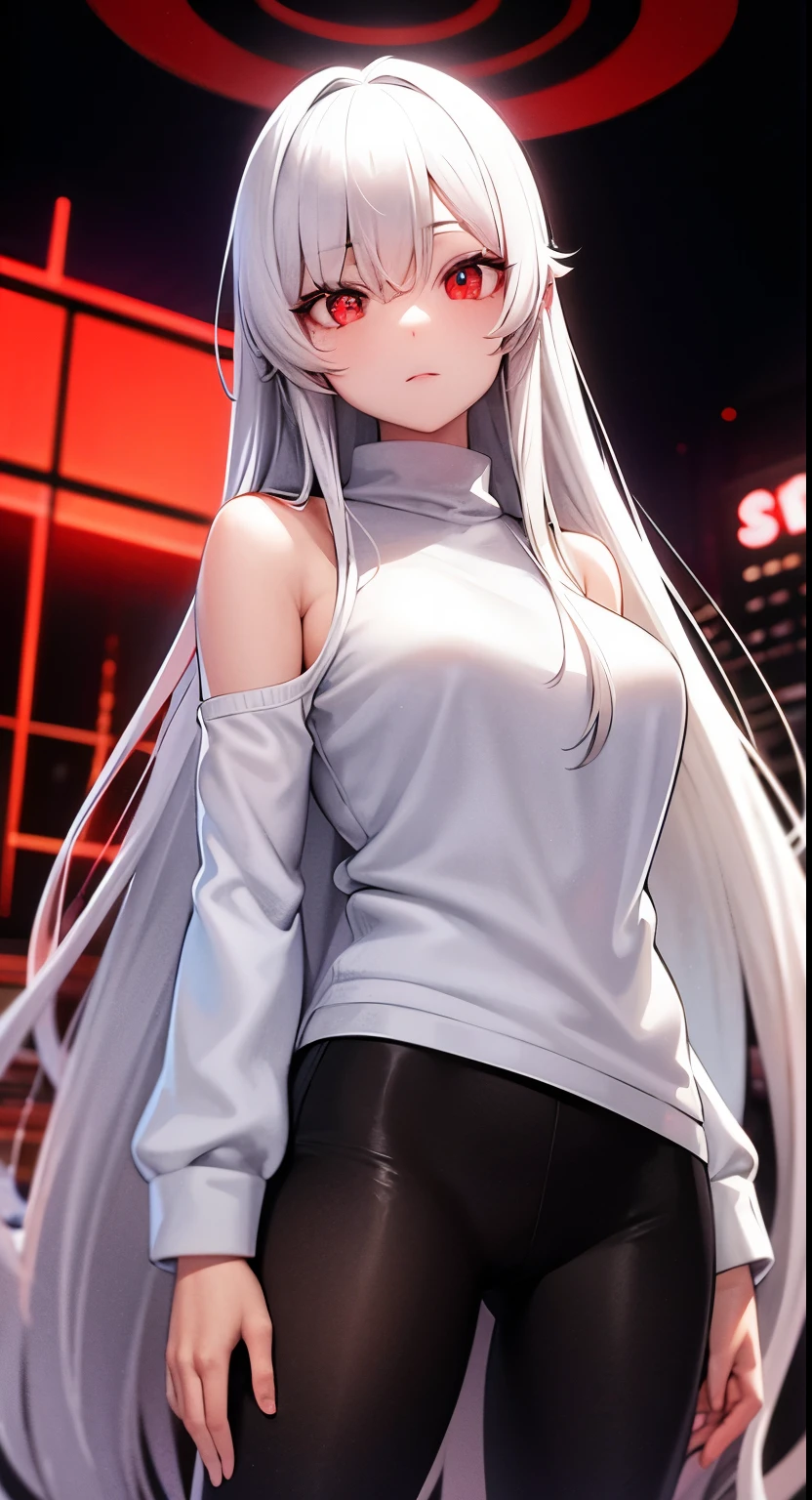 silver long hair,red eyes,white sweater,No sleeve,night club,Spotlight,anime