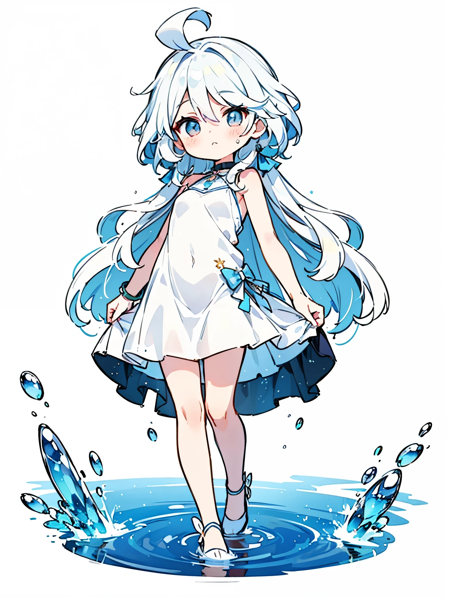 walking on water, white background, big head, big eyes, mini dress,