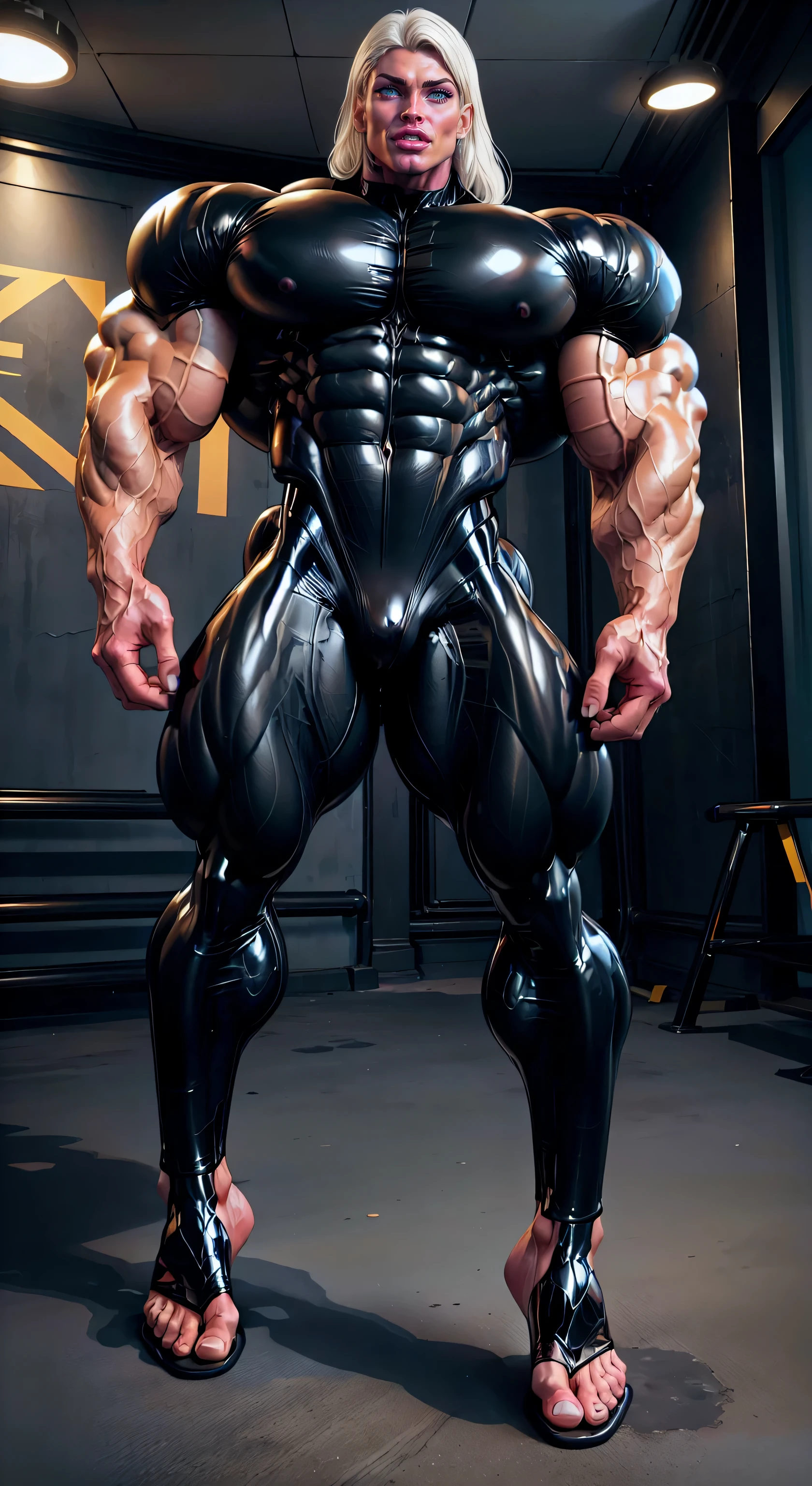 (1 girl), (megan fox:1.25), (muscular woman in black latex catsuit with huge muscles :1.25), (bulging veins:1.25), (full body pose:1.25), white skin, white hair, (perfect anatomy:1.25), (UHD 8k:1.25), masterpiece, realistic skin texture, 85 mm art lens, f 1.2, sharp focus, 8 k high definition, insanely detailed, intricate,