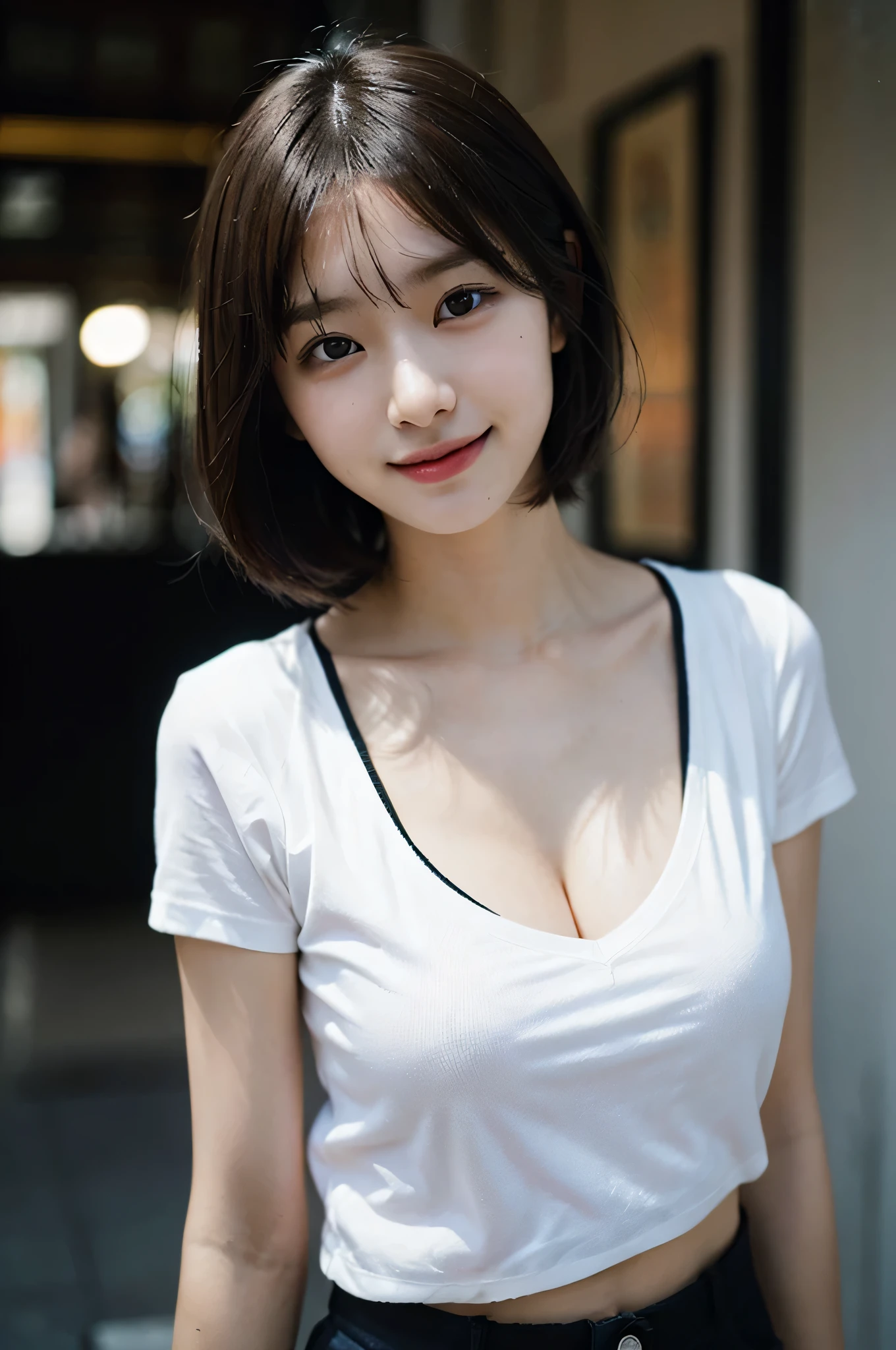 face focus, soft light, (Depth of the bounds written) , moody lighting,cinematic lighting, Japan 1girl,22 years old, alone, smile, Natural realistic skin, short hair,blonde hair, white t-shirt,mini skirt, ((cleavage))
