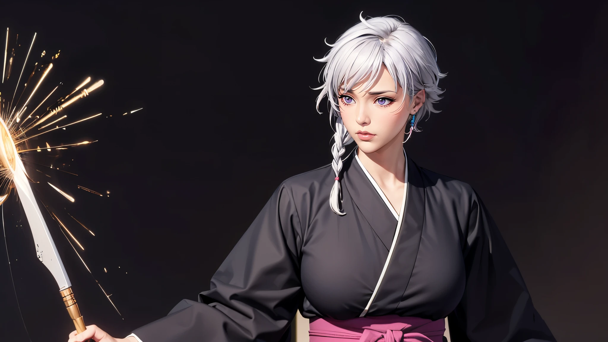 （（（完美figure，figure，long sleeves, japanese clothes, kimono, haori, black kimono, hakama, black hakama,（（（isane kotetsu, short hair, braid, white hair, (purple eyes:1.1), hair braid, ））），（（（wide hips））），S型figure:1.7））），((masterpiece)),high resolution, ((Best quality at best))，masterpiece，quality，Best quality，（（（ Exquisite facial features，looking at the audience,There is light in the eyes，blush，Happy））），（（（Interlacing of light and shadow，huge ））），（（（looking into camera，fighting stance，holding knife in hand）））