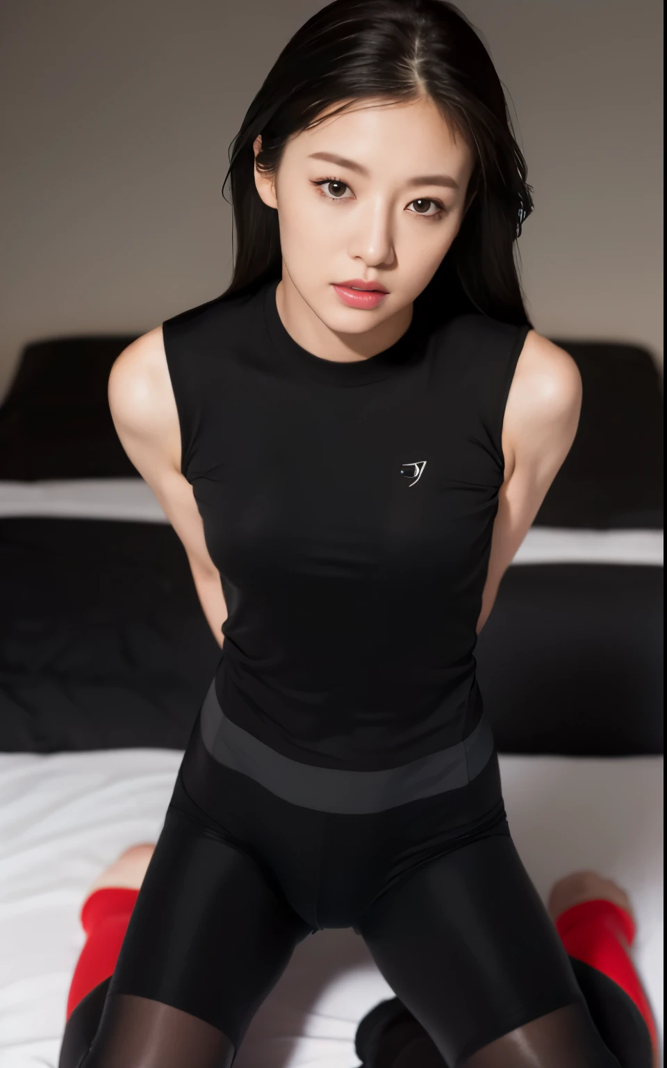 Masterpiece、Masterpiece、top quality、top quality、realistic、Unite、8k Picture Wallpaper、official art、Highly detailed CG Unite 8k wallpapers、ulzzang-6500、a girl、cute little、professional lighting、((luster、Black spandex long shorts:1.37))、big shirt、hair length、messy hair、 (The original: 1.2)、(realistic: 1.4)、kneeling、Put your hands on your thighs、Super detailed、high resolution、Super detailed,brilliant, fine details, like the same lights、simple clothing, The delicate texture of the garment、floor、skirt made of、Projection from above、 (8k、original photography、top quality、Masterpiece:1.27)、(realistic、Realism:1.37)、Physically based rendering、a handsome guy、Masterpiece、top quality、high resolution、