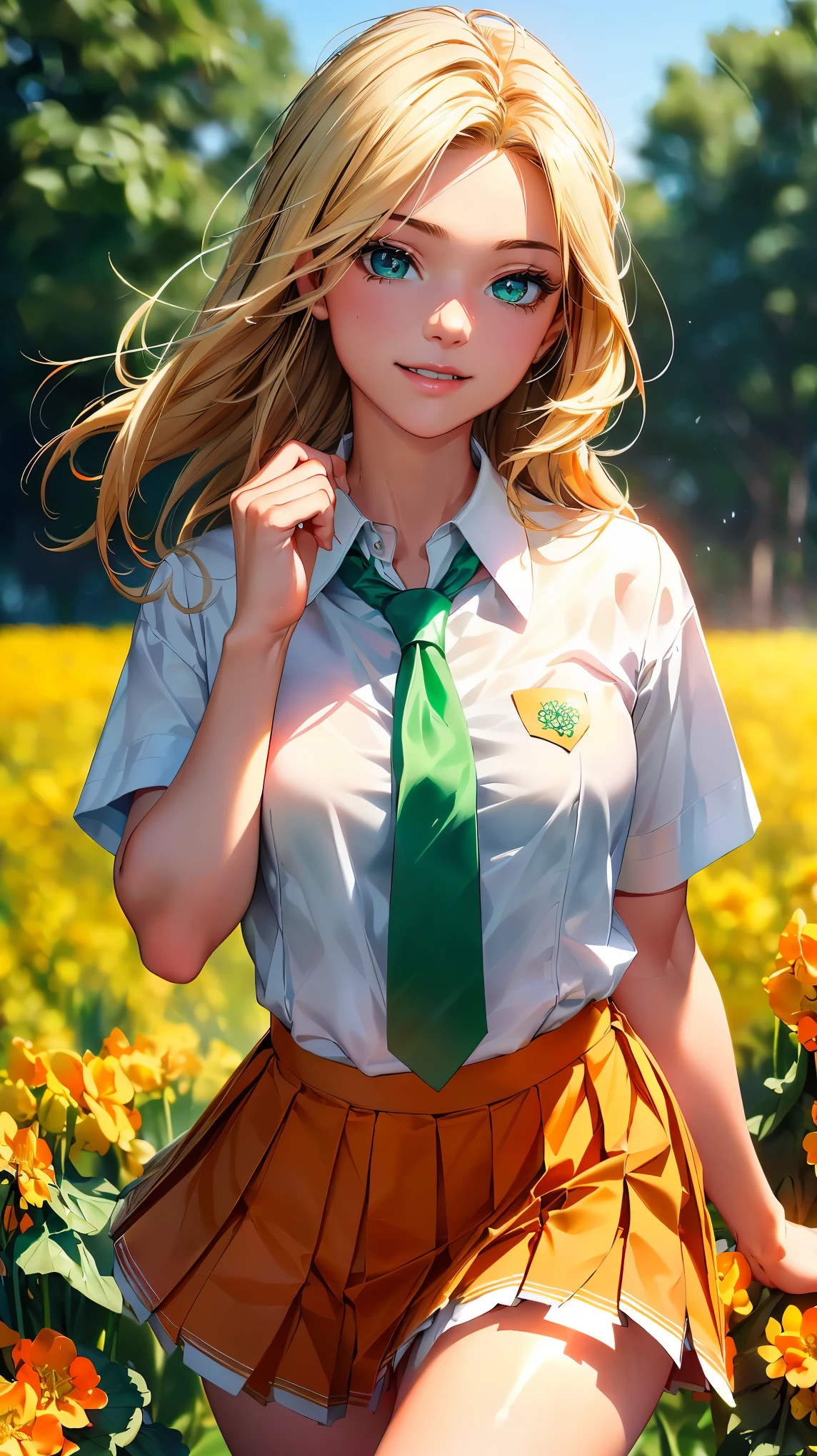 (8K, RAW photo, 最high quality, masterpiece:1.2), High-definition RAW color photo, professional photography, concept art, (((1人のlikeい女性))), (sharp features), (small face), (high detail skin:1.2), clavicle, cute face, beautiful appearance, beautiful eyelashes, (blonde, blue colored eyes, long hair), (beautiful breasts), (slim body shape:1.4), Highly detailed face and skin texture, detailed eyes, double eyelid, ((bright yellow flower field;1.2, rape blossom field, Beautiful high school girl running through a flower field)), wood々Soft sunlight shining through, Delicate petals dancing in the breeze, Natural beauty in full bloom, soft blue sky, A gentle shadow that emits an elegant shine, Dew drops shining on various petals, flowing, Elegant movement, (Put your hands behind your body:1.5), (((Joyful expression, smile:1.2, open your mouth and laugh))), dreamy atmosphere, ((, private high school uniform, white shirt and green tie, orange pleated skirt:1.5)), Clothes fluttering in the refreshing breeze, dynamic motion blur effect, like々new energy, beautiful skin, shiny skin, (((perfect fingers, five fingers, anatomically correct))), background bokeh, high quality, bright colors, ((award winning photography, Realistic light and shadow with attention to detail)), Immersive 3D rendering, Professional 3D artistry,