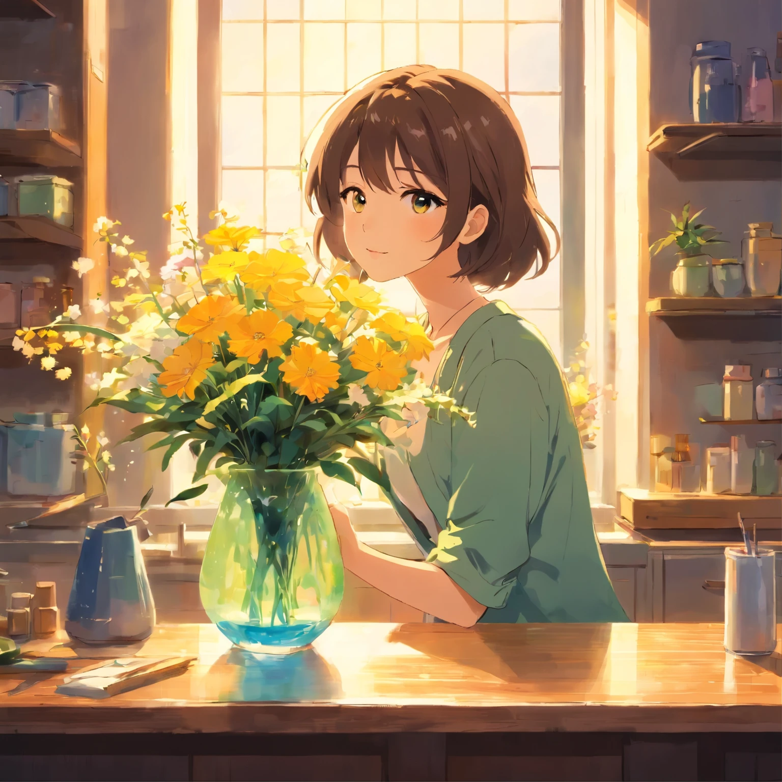 There are flowers in a vase, bella, painting style, It's a picture, Beautiful flowers, perfect beauty, yellow shines, still life painting, watercolor style, paint flows