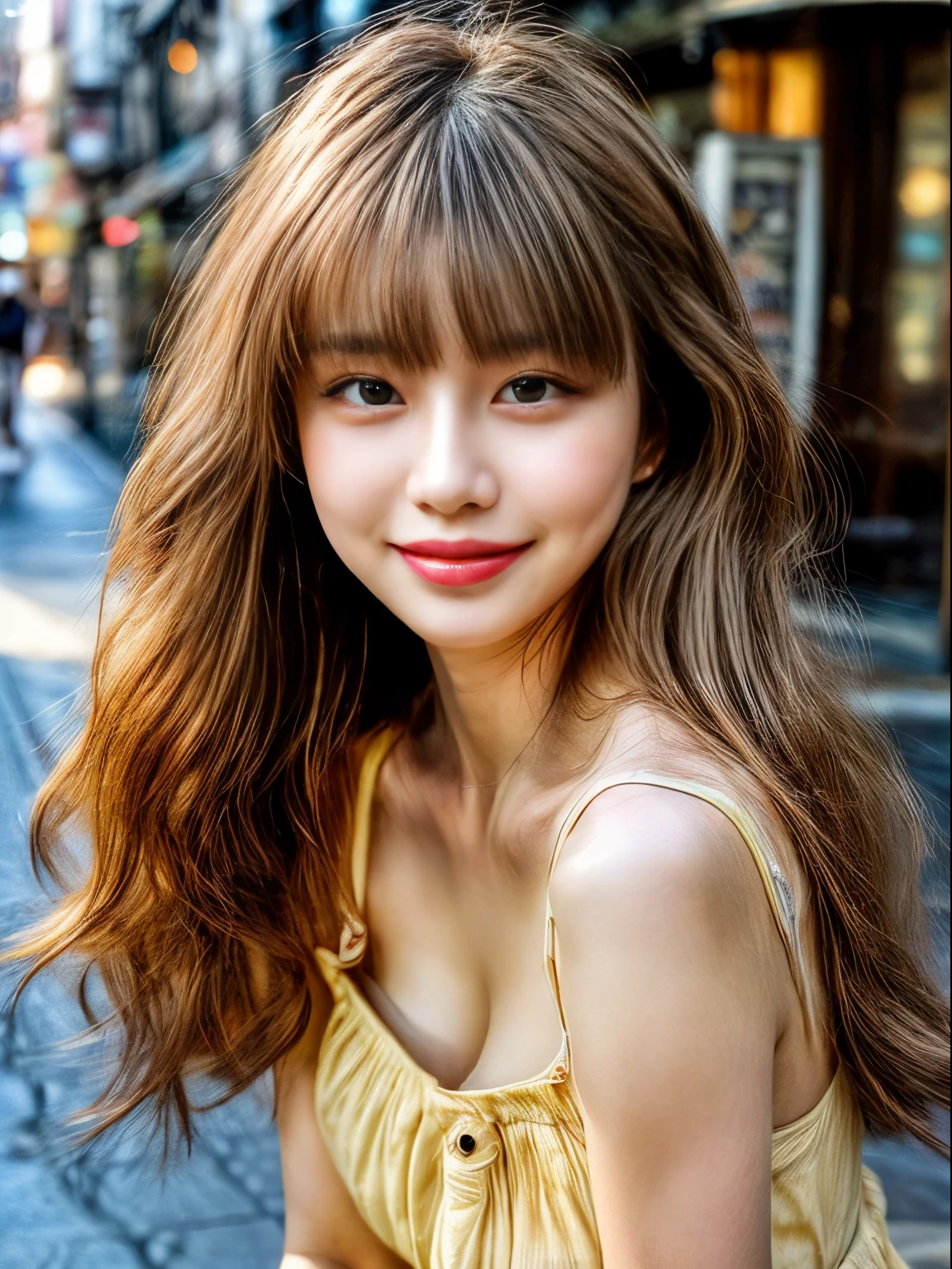 masterpiece、8K、32K、highest quality、(detailed eye)、(cute japanese woman、bangs)、23 years old、1 girl、elegant、(Detailed background depiction、Portrait:1.2)、(sundress:1.3)、Urban alleys、daytime、smile、(thick lips:1.3)、