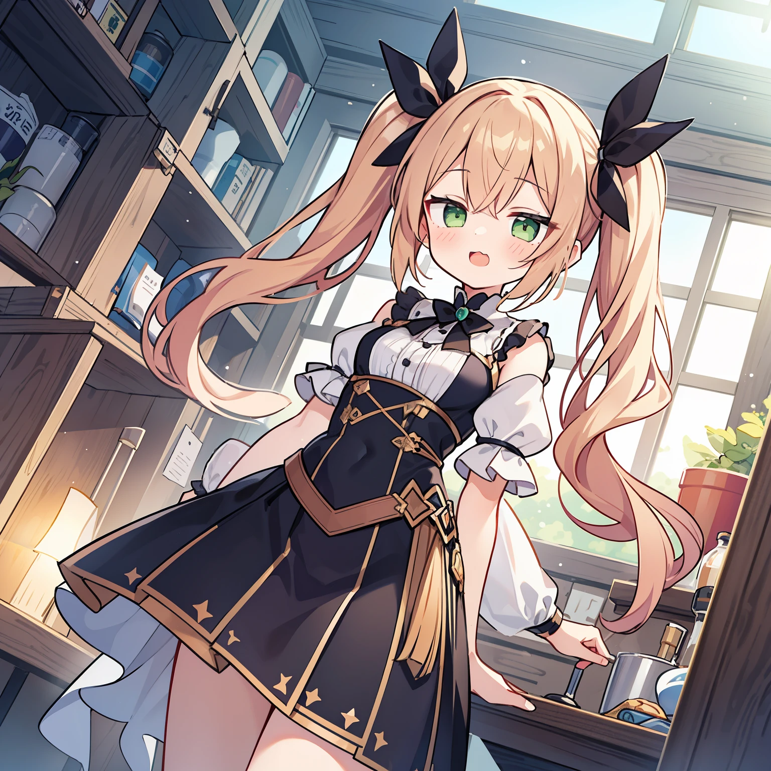 cute, twin tails, fantasy wonderland, 1 girl, green eyes,Stinking eyes, game CG