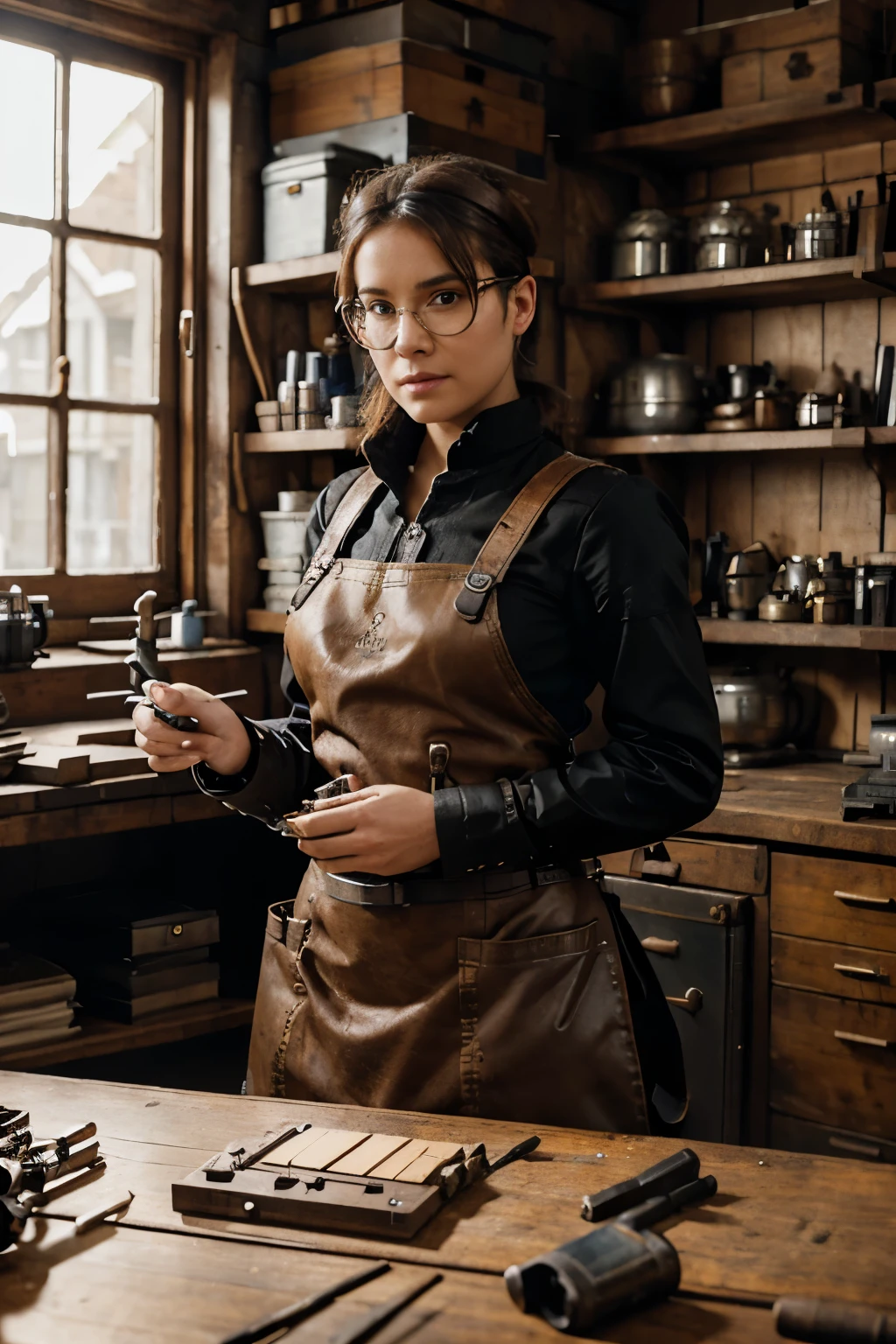 Style: Bold black and white line art, intricate and mechanical.
Theme: Steampunk Inventor.
Pose: Hunched over a workbench, tinkering with a fantastical contraption, gears turning and sparks flying.
Clothing/Armor: Goggles perched on forehead, worn leather apron over patched clothes, pockets overflowing with tools.
Additional elements: A robotic companion perched on their shoulder, blueprints spread across the workbench, steam billowing from the contraption.
Level of detail: Detailed, showcasing the intricate mechanisms of the invention and the inventor's focused expression.