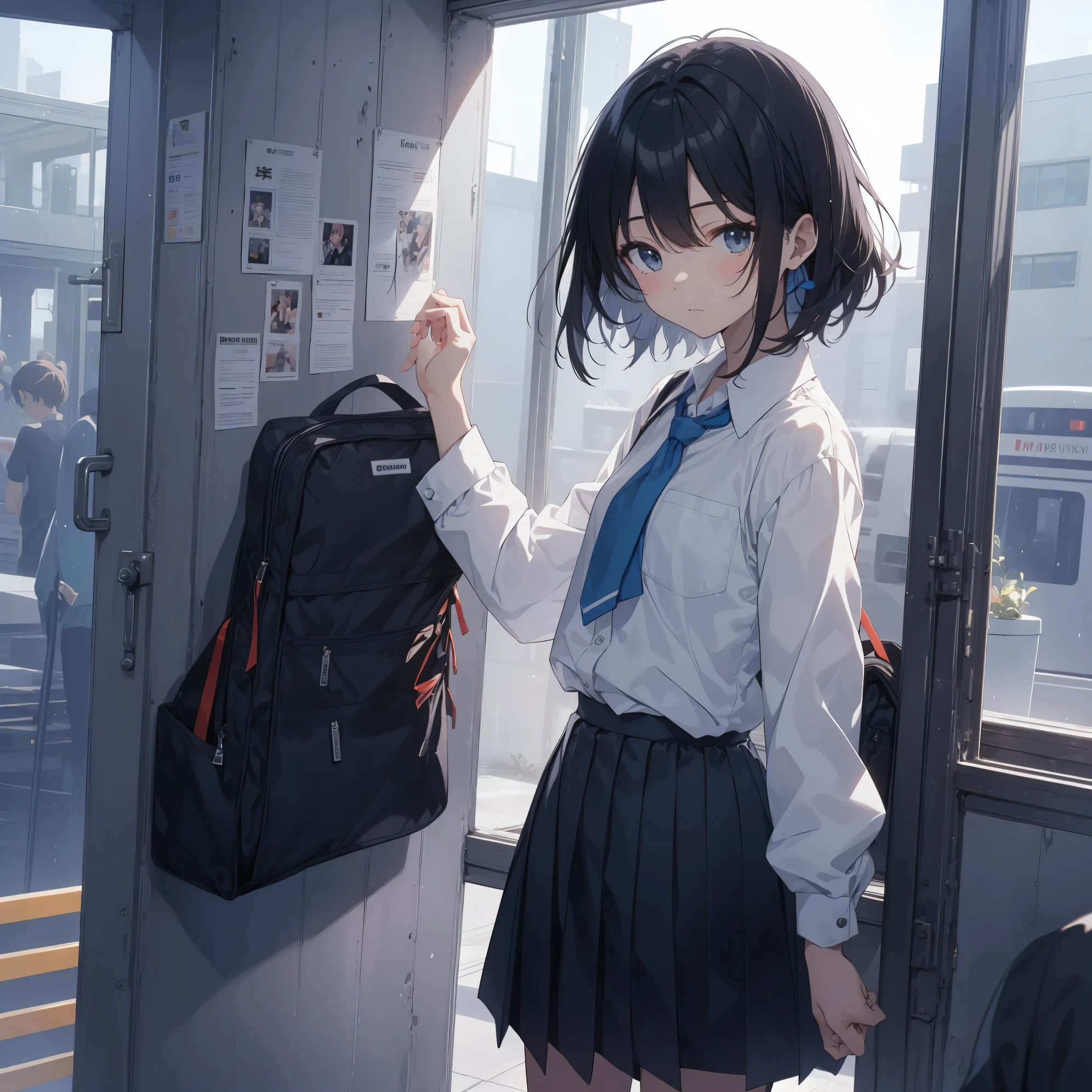 Ultra-highest quality by the art god, super detailed, High resolution, anime moe art style, Best Anime 8K Kona-chan Wallpaper, pixiv contest winner, perfect anatomy, break,(眠そうにalone学校へ行く女の子を描いてください. )break, 1 girl: (alone,little woman, , 13 years old:1.3),All limbs, full finger,, The charm of an immature body, (very short hair,boyish hair), flat chest, Because I'm slender, small ass, between legs, small black eyes, detailed and beautiful eyes, Well-proportioned iris and pupils, expressive eyes, High resolutionの詳細な髪, ribbon, skirt, collared shirt, Ascot, pleated skirt, school uniform, shirt, white shirt, school bag,(detailed lighting), (detailed background), On the way to school. break,super dense skin, Best lighting by famous artists, 8k, cute illustration,Hmm, rough skin