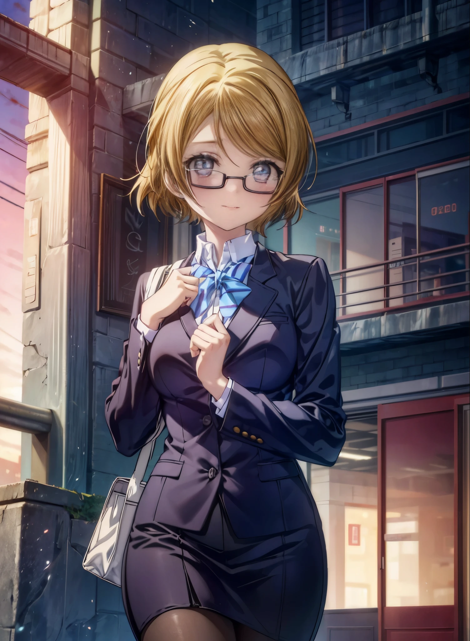 8k,highest quality,masterpiece,(((pixel perfect, Perfect in every detail))), alone, 1 girl, Hanayo Koizumi,, looking at the viewer, smile,light brown hair,long hair,purple eyes,Black Abyss glasses,big breasts , OL, red glasses, end, black suit jacket, collared jacket, white dress shirt, collared shirt, neckline, button, strap, ID card on the neck, black skirt, black pantyhose,business bag heels,city,evening,sunset,(masterpiece:1.2), highest quality, High resolution, unity 8k wallpaper, (shape:0.8), (beautiful and detailed eyes:1.6), highly detailed face, perfect lighting, Very detailed CG, (perfect hands, perfect anatomy),