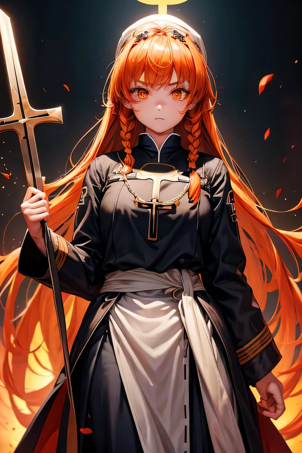 r~toing:safe, 1 woman, alone, looking for_~to_viewer, forehead, Eyebrow_visible_~Through_hair, cleric, orange hair, side braids, orange eyes, stole, White, symbolism, holding an iron cross, whole body, clothes, holding a large iron cross