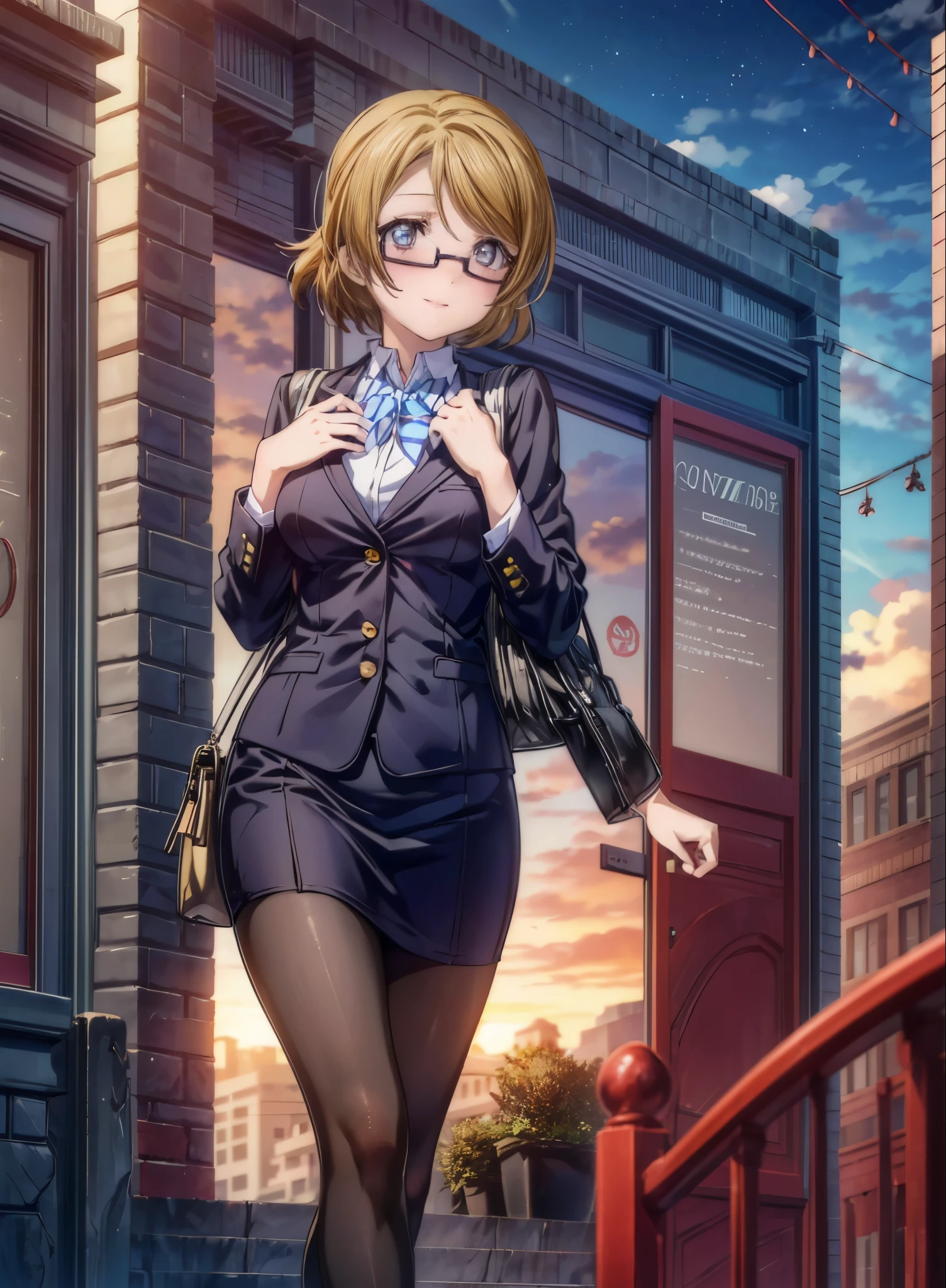 8k,highest quality,masterpiece,(((pixel perfect, Perfect in every detail))), alone, 1 girl, Hanayo Koizumi,, looking at the viewer, smile,light brown hair,long hair,purple eyes,Black Abyss glasses,big breasts , OL, red glasses, end, black suit jacket, collared jacket, white dress shirt, collared shirt, neckline, button, strap, ID card on the neck, black skirt, black pantyhose,business bag heels,city,evening,sunset,(masterpiece:1.2), highest quality, High resolution, unity 8k wallpaper, (shape:0.8), (beautiful and detailed eyes:1.6), highly detailed face, perfect lighting, Very detailed CG, (perfect hands, perfect anatomy),