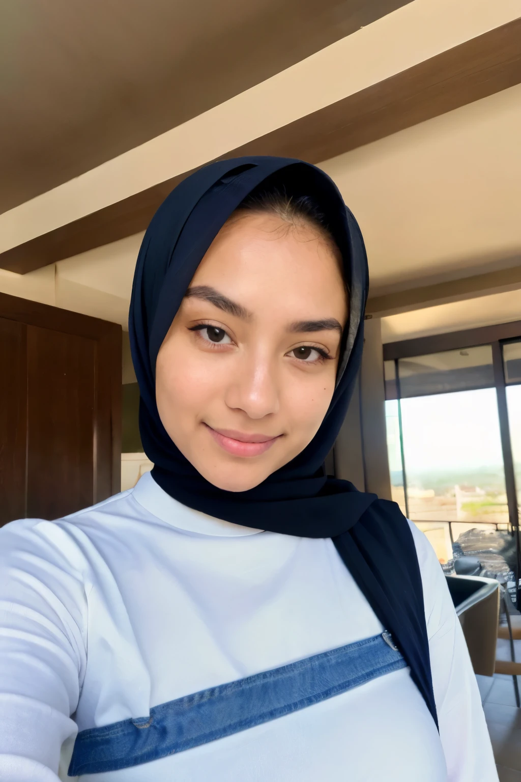 ((best quality)), ((masterpiece)), (detailed), perfect face, hijab, selfie photo, seduce, casual outfit, nice skin, using oversi shirt, using jeans, little smile, dark brown eyes, selfie pose, make it looks like real person
focused eyes,natural light, chubby, asian