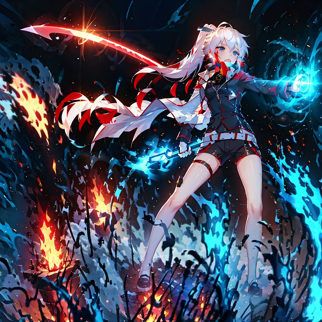 1 girl, Ultra-detailed, best quality, dark post apocalypse background, white hair, ponytail, red and blue ,Tattered military uniform,having a glowing red sword, shadow, dark night, burning