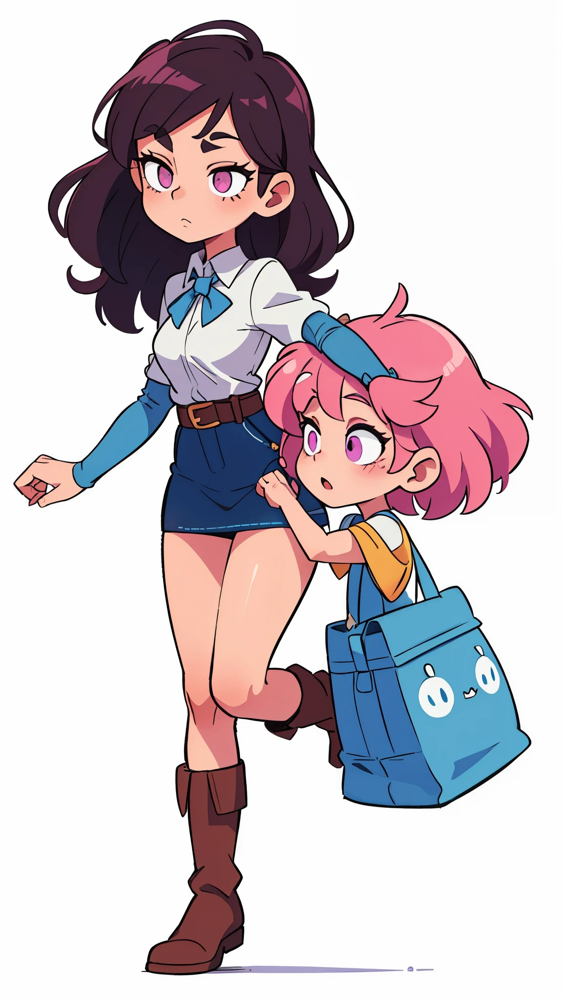 Young woman, 20 years, 190 height. White flowing and medium length hair, there is a blue star-shaped clip on the side of the hair. bright skin, pink with a hint of purple eye. White shirt with long blue and purple sleeves. Blue mini skirt with blue stripe. A small bag is attached to the belt, and a small camera. Brown short boots on feet, which embrace the blue inserts.