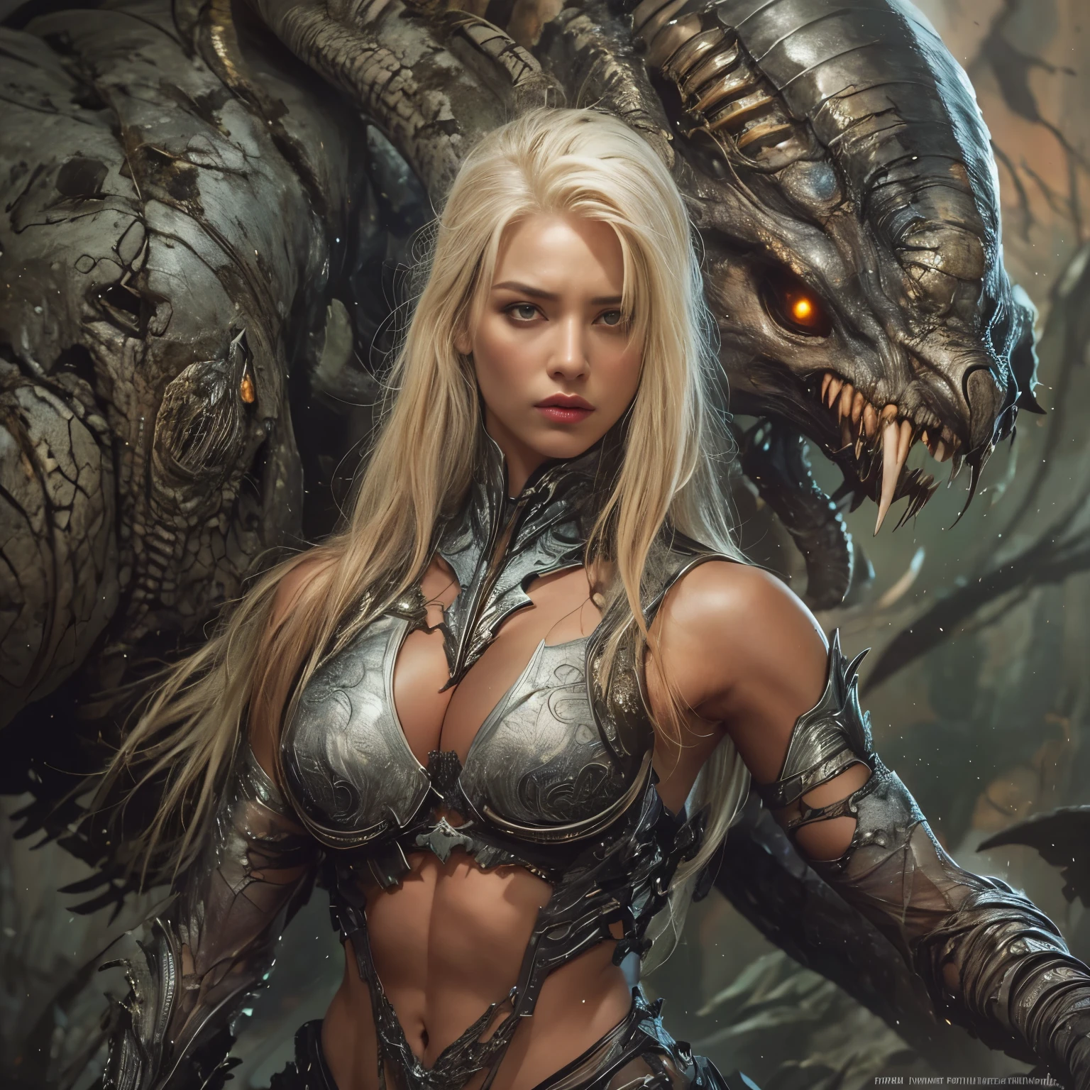 1 female alien, The predator, warrior, (extremely beautiful:1.2), (intense gaze:1.4), (predator:1.1), long dark claws, NSFW, nipples, thick eyebrows, glowing and shining green eyes, the most beautiful face in the universe, platinum blonde,
A woman with an extremely beautiful face, her intense gaze fixed on her prey, a primal force that could not be denied.
(extreamly beautiful lean body:1.5), (ultra muscular build:1.2), (prowling:1.3), (sleek movements:1.4),
Her beautiful body, muscular and toned, moved with sleek grace as she prowled, ready to strike at a moment's notice. The predator within her was always on