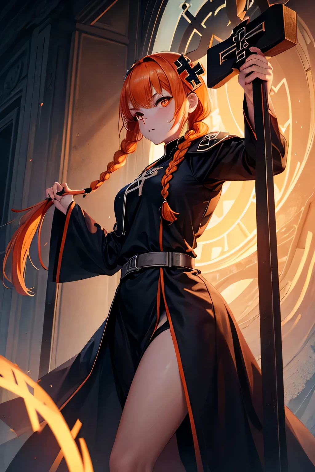 r~toing:safe, 1 woman, alone, looking for_~to_viewer, forehead, Eyebrow_visible_~Through_hair, cleric, orange hair, side braids, orange eyes, stole, White, symbolism, holding an iron cross, whole body, clothes, large iron cross, back, side