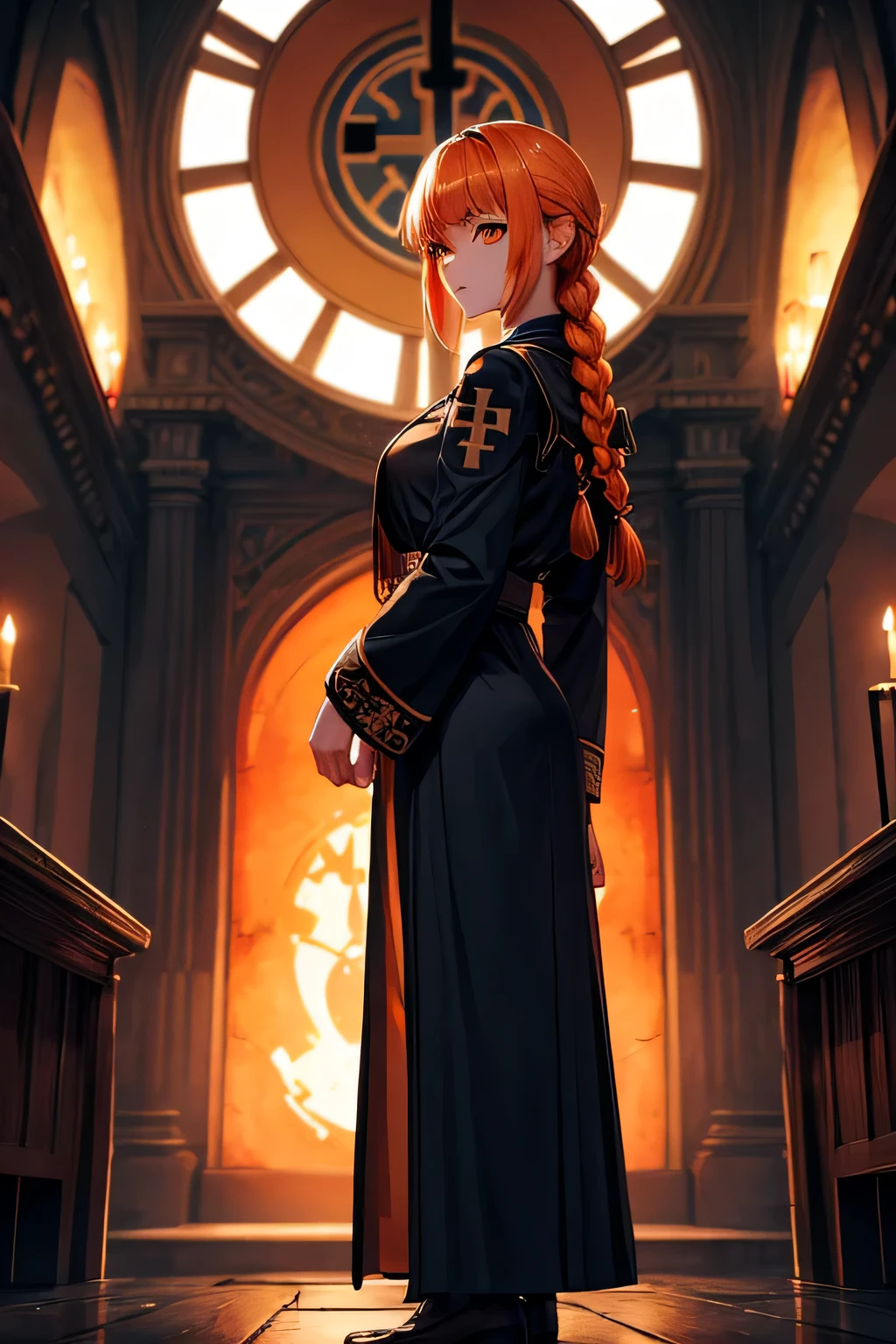 r~toing:safe, 1 woman, alone, looking for_~to_viewer, forehead, Eyebrow_visible_~Through_hair, cleric, orange hair, side braids, orange eyes, stole, White, symbolism, holding an iron cross, whole body, clothes, large iron cross, back, side