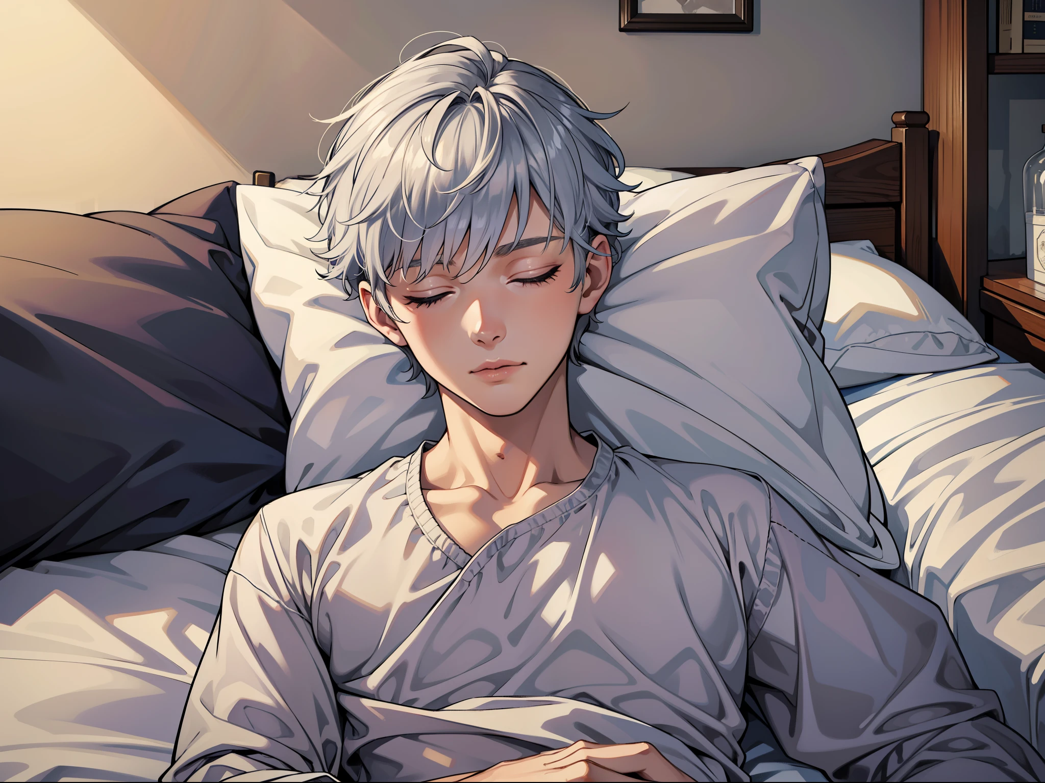 high-level image quality、White hair、s Pajamas、、、Sleeping habits、、An ultra-high picture quality、Looking at this、Beautiful eyes、While holding the cushion and staring at it、youthfulness、high-level image quality、8K、Male child、Sleepy face、One Boy、ember、on the beds