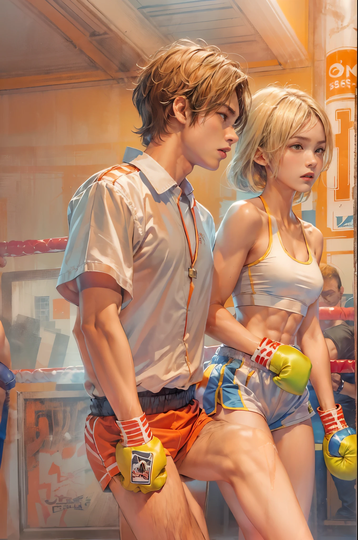 masterpiece, delicate, sharp focus, 1 girl punch 1 boy,  girl, tall, (smooth_abs:1.55), pretty, (long_skinny_legs), (skinny_waist), (((fair skin))), (Emma_watson), light blonde hair, ((orange sport bandeau)), Short orange short skirt, (girl punch a boy: 2), (((girl punch a boy)))