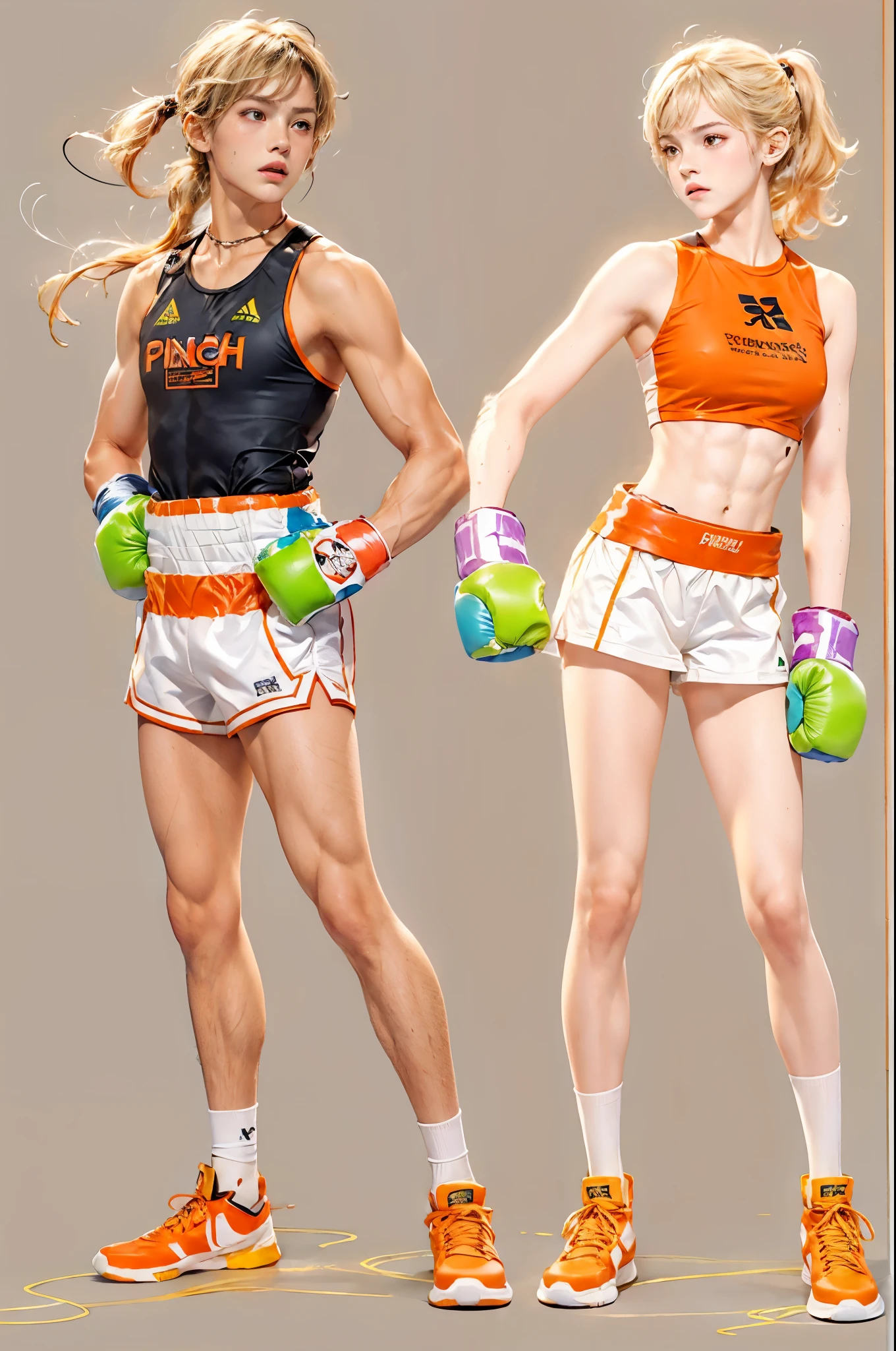 masterpiece, delicate, sharp focus, 1 girl punch 1 boy, 17 years old girl, tall, (smooth_abs:1.55), pretty, (long_skinny_legs), (skinny_waist), (((fair skin))), (Emma_watson), light blonde hair, ((orange sport bandeau)), Short orange short skirt, (girl punch a boy: 2), (((girl punch a boy)))