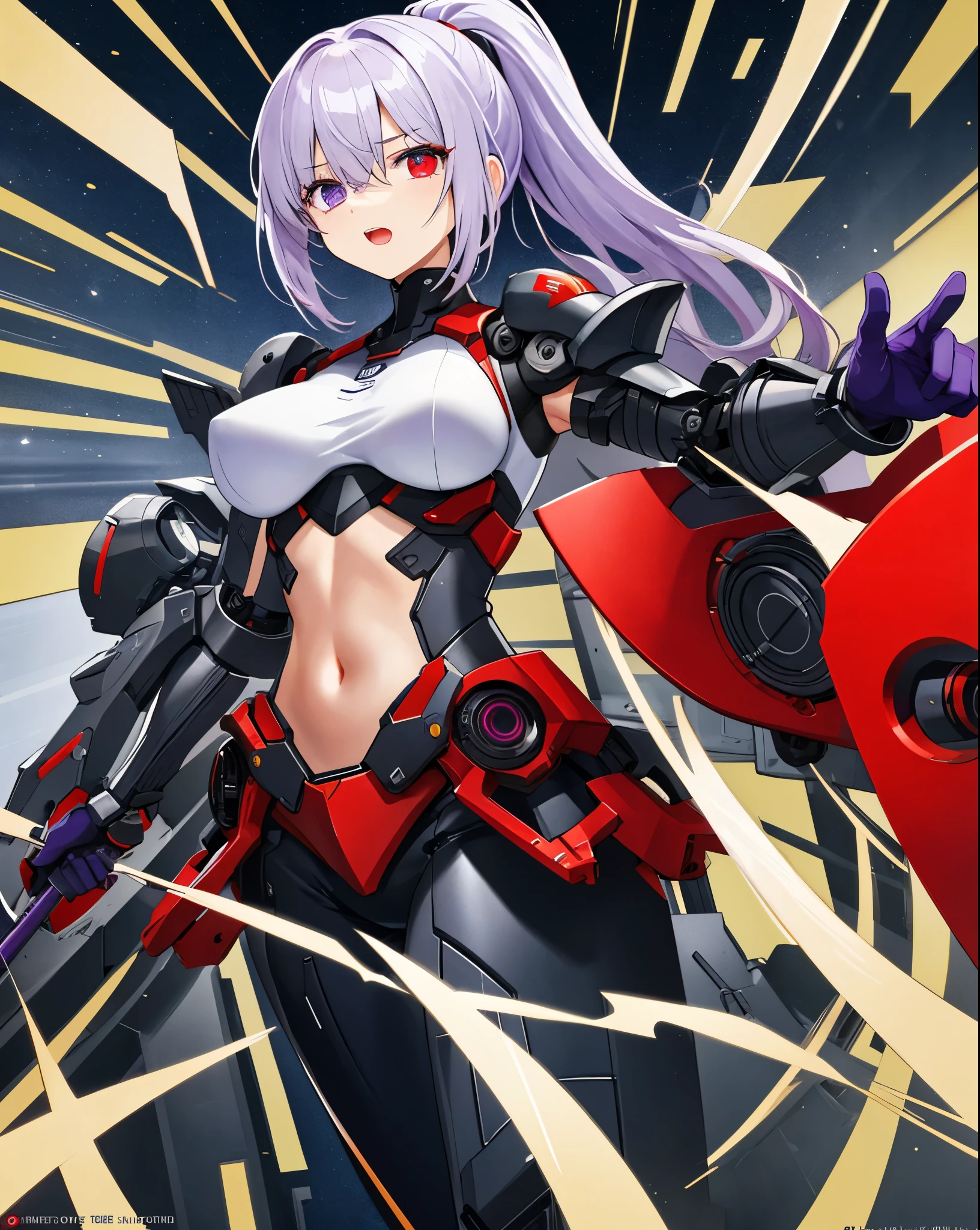 ,1figure_girl,(:1.5), (short_ponytail:1.3), (light_whitish_purple_hair:1.3),black_mechanical_armor_parts,white_breasts_parts_red_black_body_suit,bare_shoulder,bare_slender_thighs,medium_breasts,on_the_desk, desk_background,Stinging_eyes,(half_pupil:1.5),sleepy,thighhigh_greaves,gauntlets,dynamic_posing,bare_frank,metal_red_parts_armor,red_eye,
fists,hold_weapon,glare,navel,large_mechanical_parts,happy,waist_armor,open_mouth,rise_legs,apart_legs, (covered_navel:1.3),(very_long_bangs:1.3), (hair_over_one_eye:1.5),(long_bang_covers_right_half_of_face:1.5),
(covered_pussy:1.1),covered_breasts,armpits,