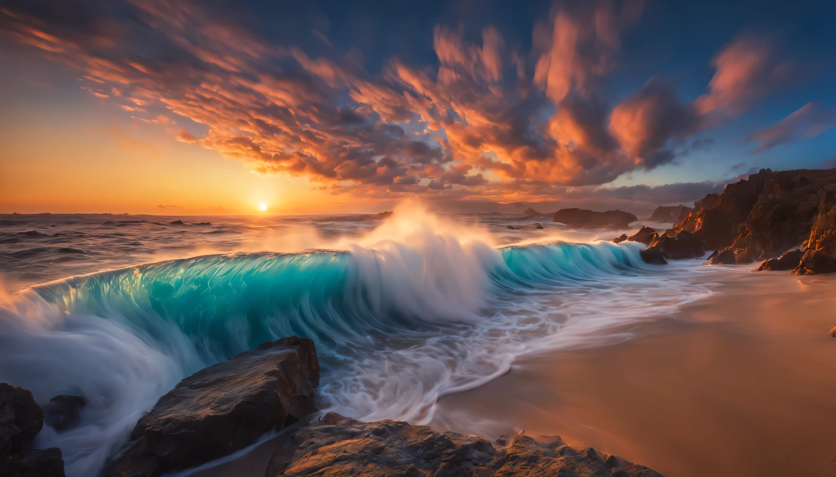 arafed view of a dawn over the blue ocean with waves crashing, chaotic sea setting, breathtaking colors, breathtaking look, breathtaking composition, beautiful sea landscapes, stunning dawn, magnificent background, dawn glow, beautiful background, beautiful dreamy breathtaking, marc adamus, warm beautiful scene, epic dawn, beautiful dawn, beautiful dawn glow, beautiful blue ocean