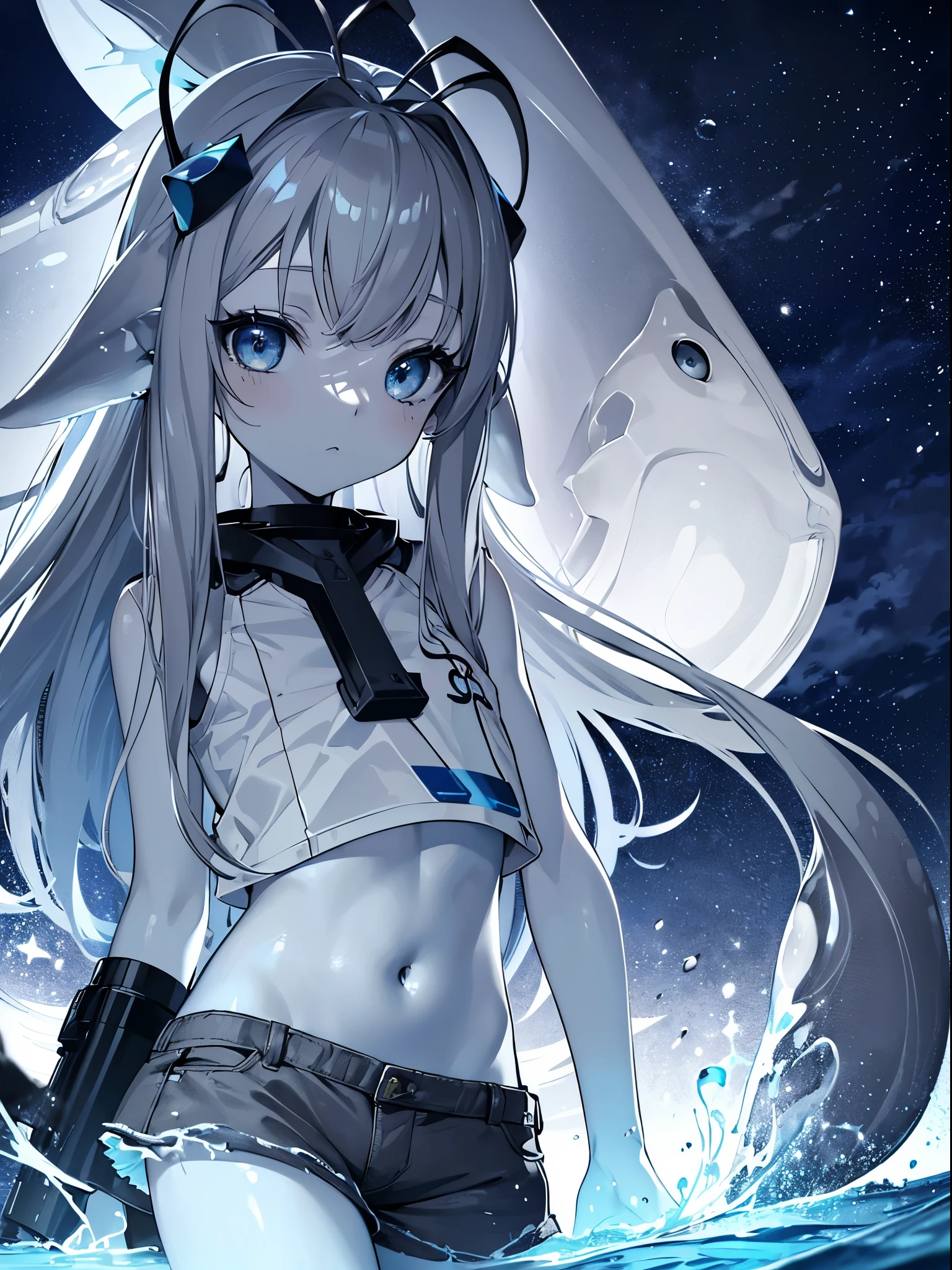 (masterpiece, best quality, ultra high resolution),1 girl,Beautiful and detailed face, delicate eyes,(Squid Girl, antenna),(colored skin , gray skin), shorts,crop top,at the beach,night,((Gray and blue theme))
