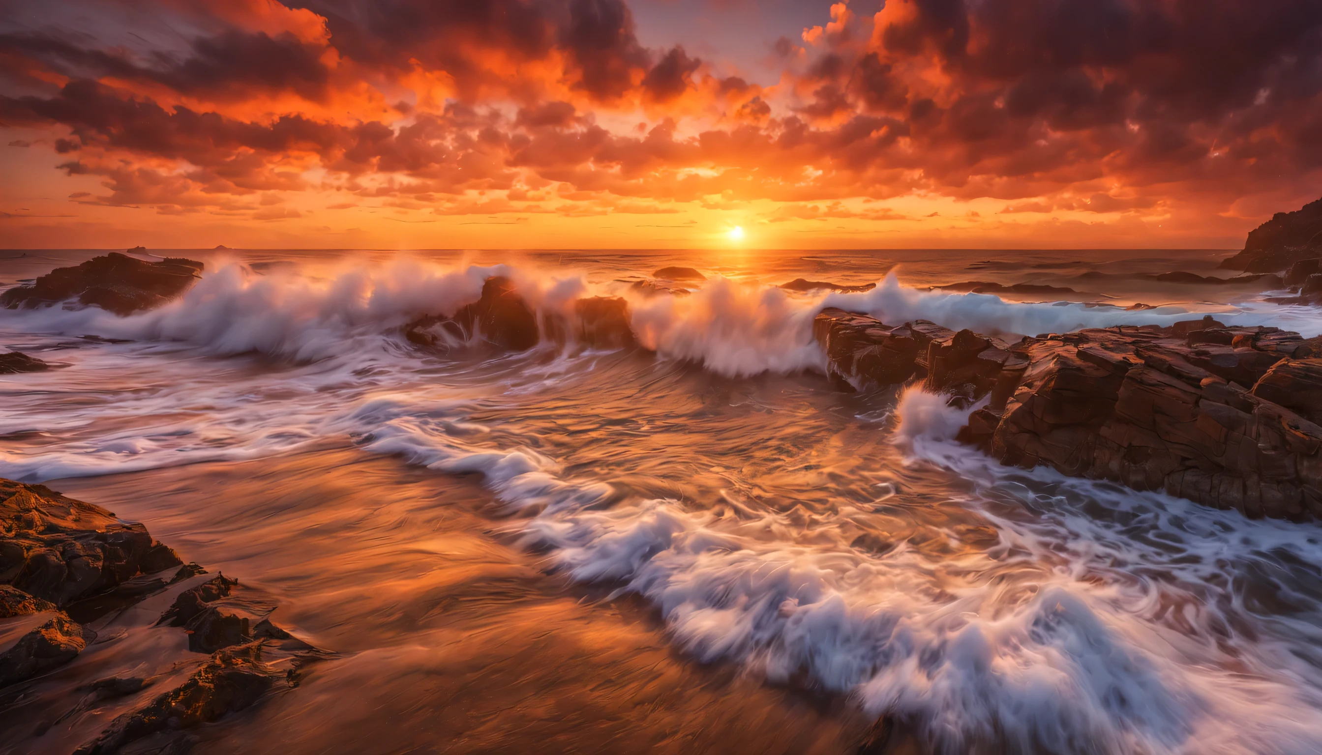 arafed view of a sunset over the ocean with waves crashing, chaotic sea setting, vibrant sunrise, breathtaking colors, breathtaking look, vibrant sunset, breathtaking composition, beautiful sea landscapes, stunning sunset, magnificent background, sunset glow, beautiful background, beautiful dreamy breathtaking, marc adamus, warm beautiful scene, epic sunset, beautiful sunset, beautiful sunset glow, beautiful ocean