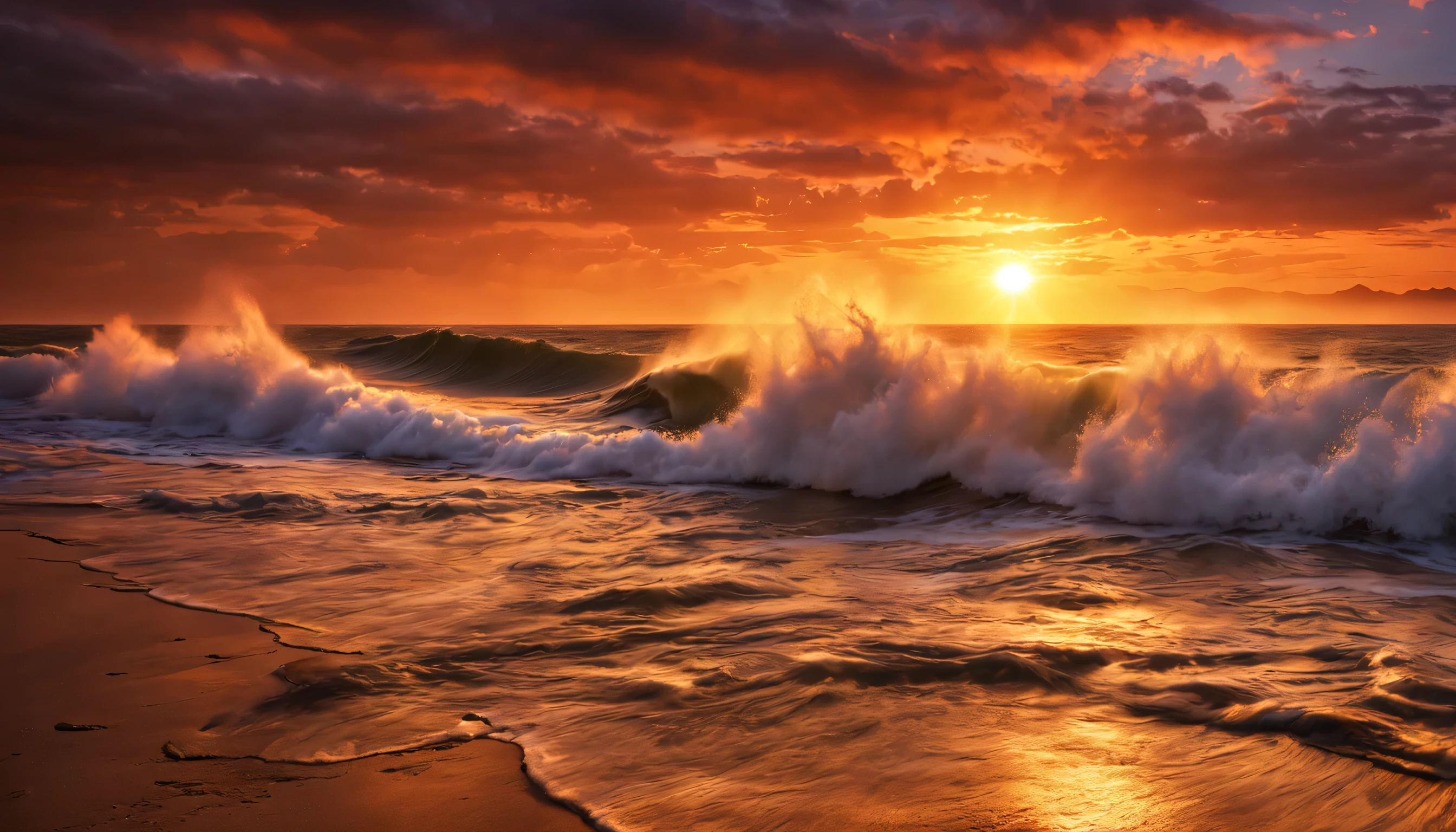 arafed view of a sunset over the ocean with waves crashing, chaotic sea setting, vibrant sunrise, breathtaking colors, breathtaking look, vibrant sunset, breathtaking composition, beautiful sea landscapes, stunning sunset, magnificent background, sunset glow, beautiful background, beautiful dreamy breathtaking, marc adamus, warm beautiful scene, epic sunset, beautiful sunset, beautiful sunset glow, beautiful ocean