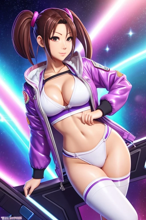 Mai shiranui, busty, long purple jacket, white tank top, spacesuit helmet, illustration iridescent, magically glowing, shiny colorful, By Yuumei, Anime art wallpaper 8K, Guviz-style artwork, Anime art wallpaper 4k, Anime art wallpaper 4K, girl in purple jacket, Beautiful anime artwork, Digital anime art, Guviz, full bodyesbian, 2 head body, giga_busty