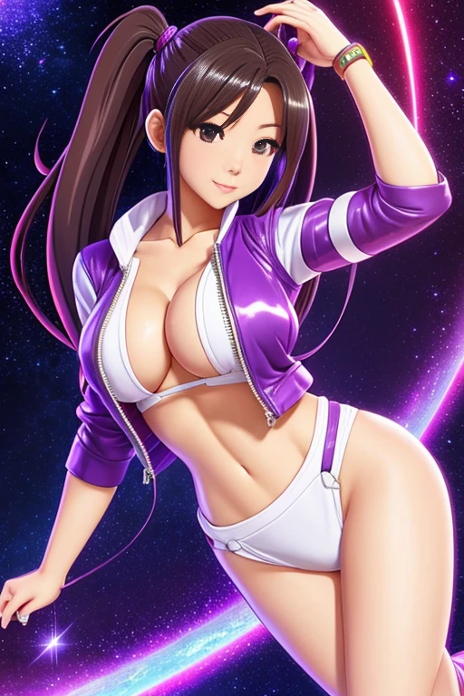 Mai shiranui, busty, long purple jacket, white tank top, spacesuit helmet, illustration iridescent, magically glowing, shiny colorful, By Yuumei, Anime art wallpaper 8K, Guviz-style artwork, Anime art wallpaper 4k, Anime art wallpaper 4K, girl in purple jacket, Beautiful anime artwork, Digital anime art, Guviz, full bodyesbian, 2 head body, giga_busty
