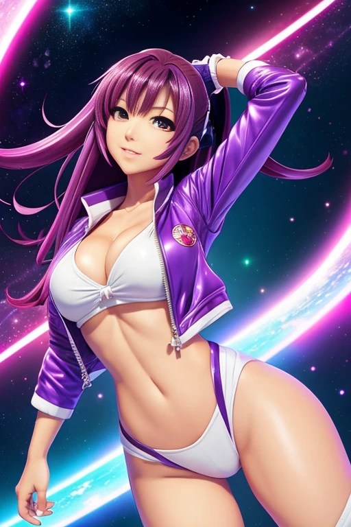 Mai shiranui, busty, long purple jacket, white tank top, spacesuit helmet, illustration iridescent, magically glowing, shiny colorful, By Yuumei, Anime art wallpaper 8K, Guviz-style artwork, Anime art wallpaper 4k, Anime art wallpaper 4K, girl in purple jacket, Beautiful anime artwork, Digital anime art, Guviz, full bodyesbian, 2 head body, giga_busty