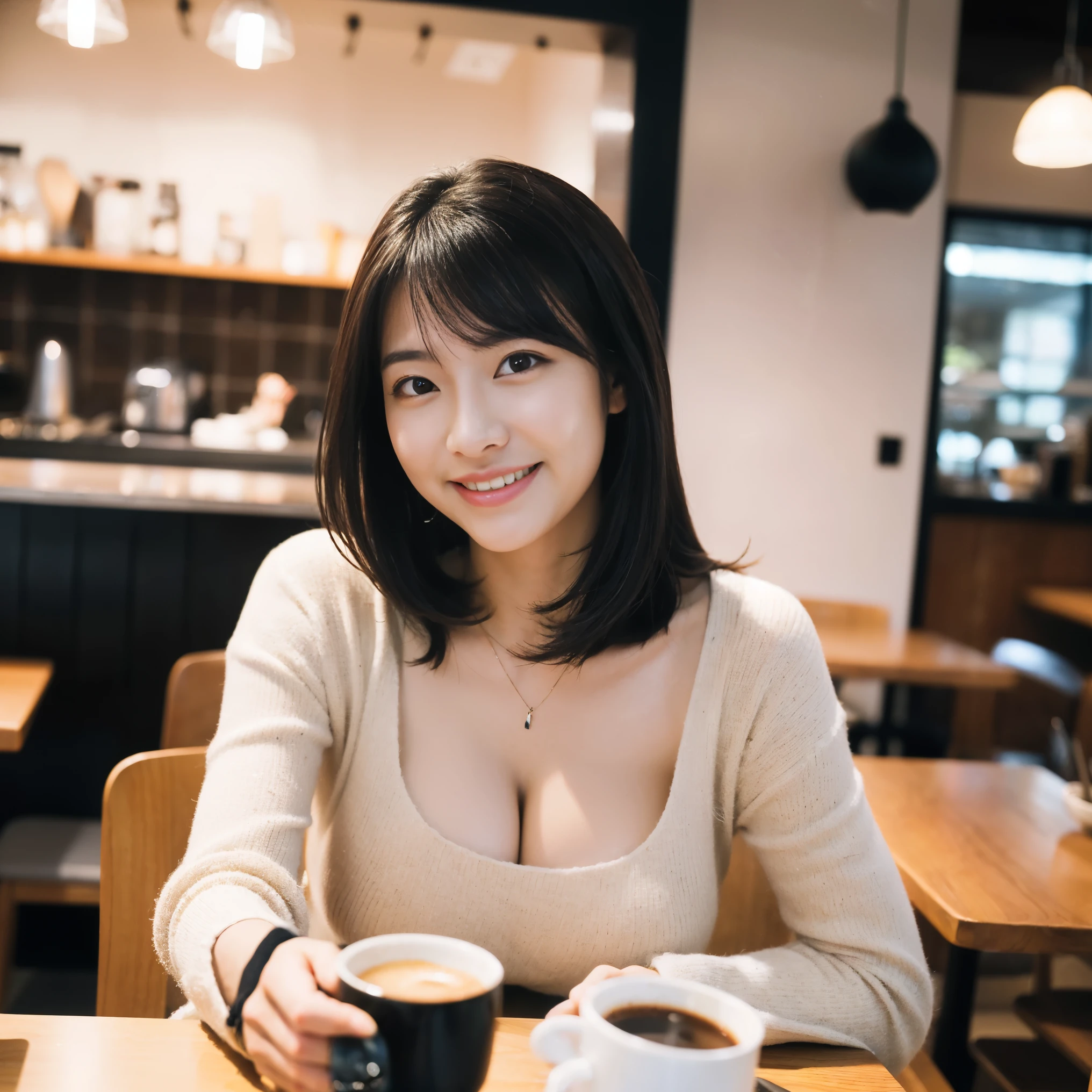 (top-quality、8K、32K、​masterpiece、Photorealsitic:1.4、nffsw:1.2)、Photo of a cute Japanese woman、Colossal tits:1.4、very short bobbed hai, coffee cup in her hand 、sface focus、Oversized_Sweaters、a necklace、simple background、From  above、looking at the viewers、cleavage of the breast:1.5、Balanced body , Coffee cafe, coffee in front of her, cute smile, coffee cup, seat on table, ultra details, ultra realistic expression, busy cafe 