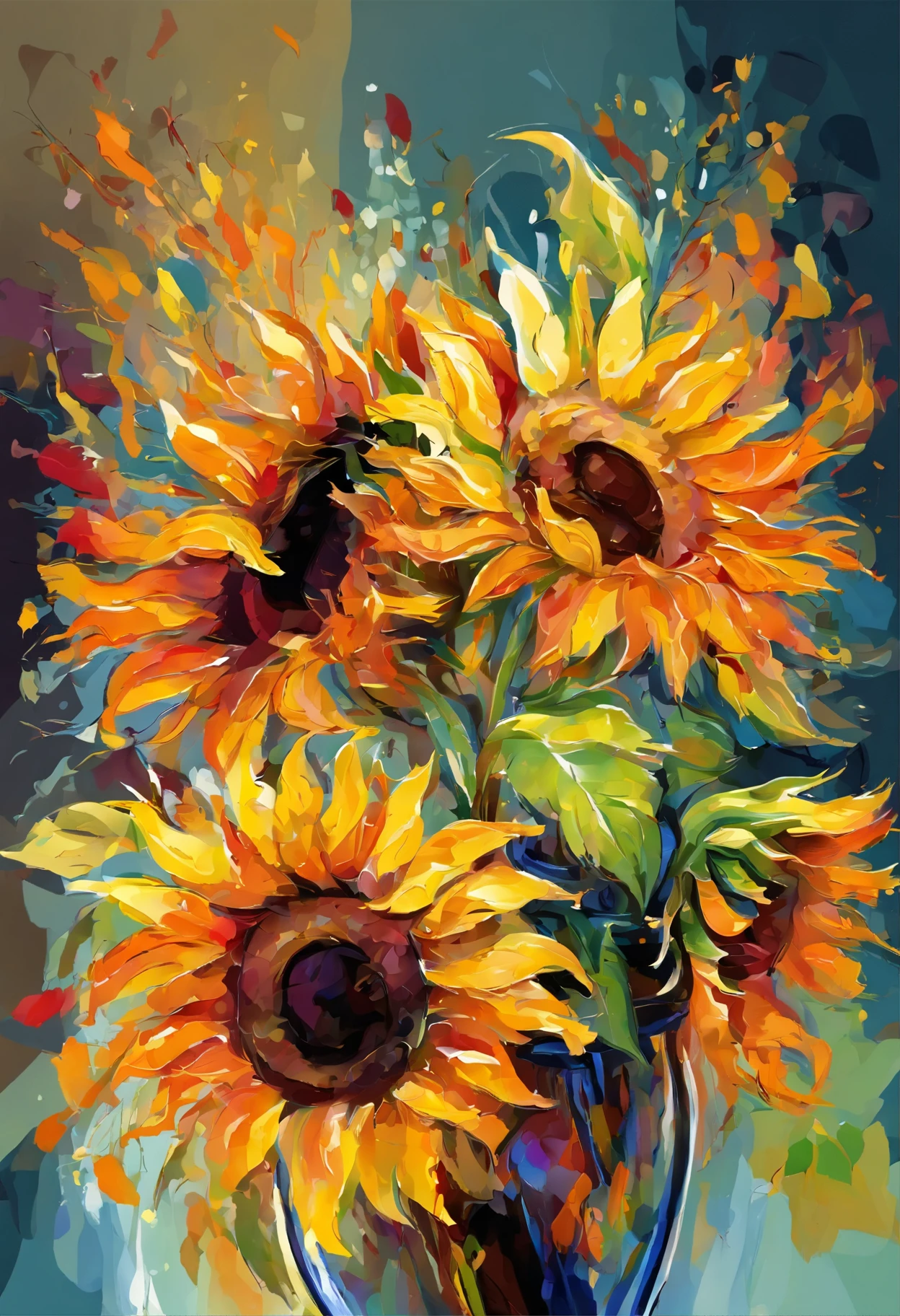 There are sunflowers in a vase, Usually has a golden color, Very beautiful, Beautiful flowers, perfect beauty, still life painting, watercolor style, paint flows,perfect proportions,