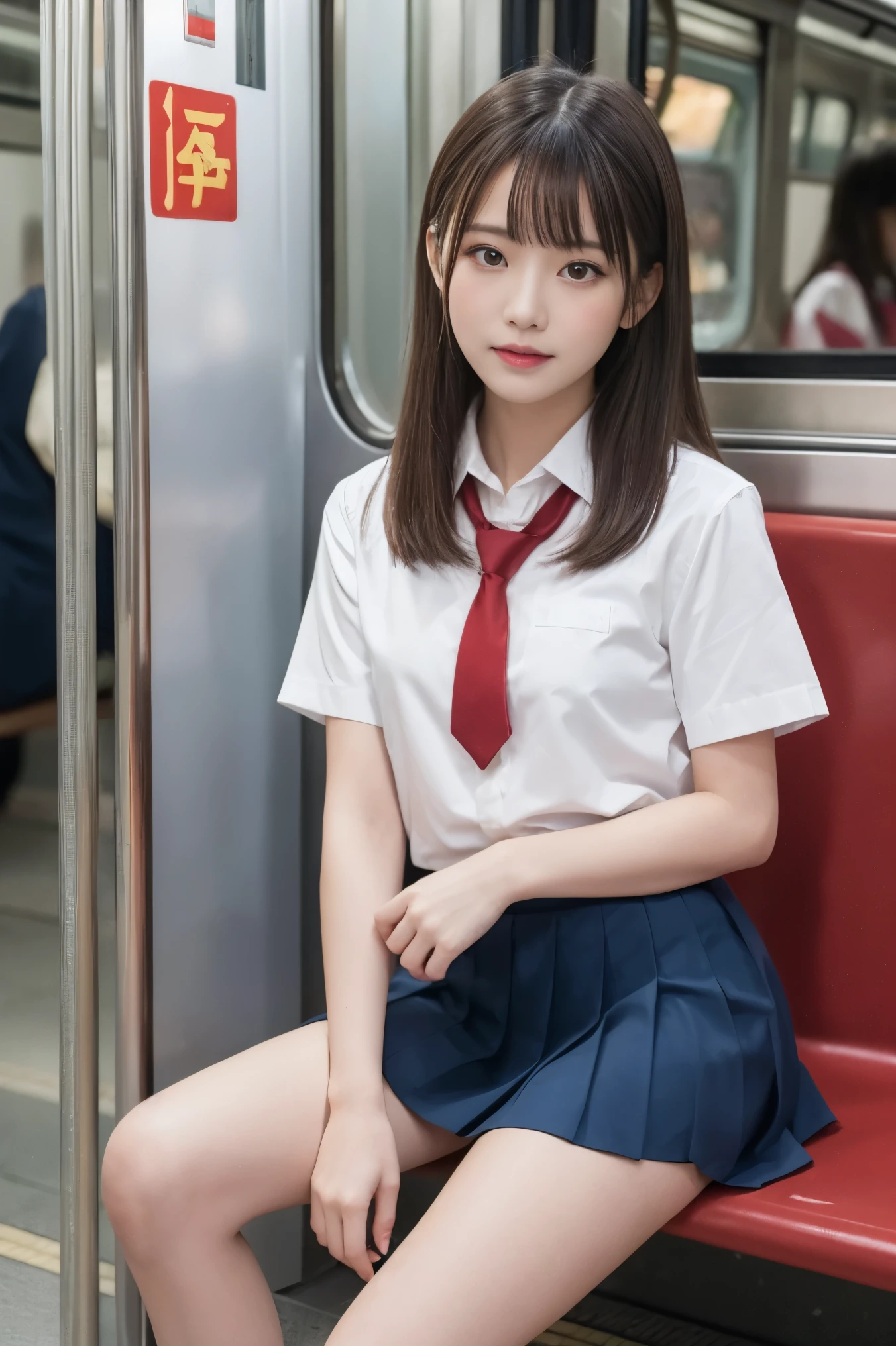 8k, RAW Portrait (Japanese women),masterpiece、Realistic:1.3、Realistic, Ultra-high resolution, Highest quality, Real Life Photos ,(((Showing panties:1.4)))、((sitting in a seat on the Yamanote line train, Looking at smartphone.))、
((((1 person:1.5)))), (((電車内でPlease lift your skirtパンティーを見せびらかす女子高生:1.4)))、(Cute Face:1.3),((Japanese girl))、(((school uniform:1.6))))、  Black Hair,(Written boundary depth:1.3)、 ((Dark brown eyes:1.2))、(Realistic skin texture:1.3)、(Immersive atmosphere:0.8、Chiaroscuro:1.2) 、(audience:1.3)、((Expressionless:1.3))、((Red cheeks:1.1))、((very small white panties:1.4))、((Please lift your skirt))、(Emphasize panties)、Skirt Lift、Please lift your skirt