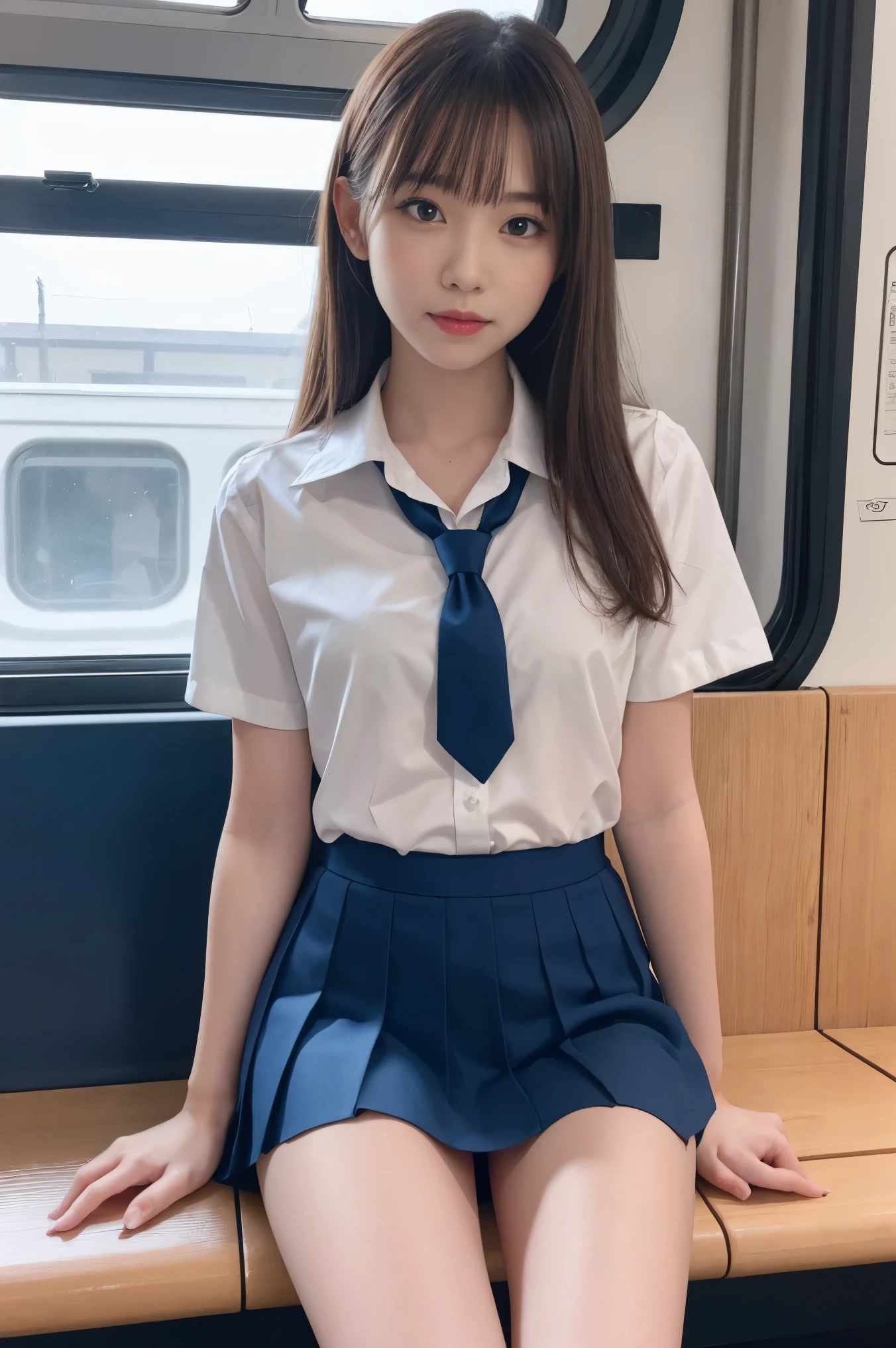 (masterpiece, highest quality:1.2), 8k, 15Year, 85mm, official art, RAW photo, スーパースリムなスレンダーbeautiful girl, Year, 85mm, official art, RAW photo, 超絶スリムな美しいスレンダーbeautiful girl, navy blue short skirt、short sleeveの白い制服シャツ、show me your ears、naked girl photoshoot、full nude, , cute face, close, Half body, Biolace, gardenia, beautiful girl, school uniform, (navy pleated skirt:1.1), tighten your waist, thighs, short sleeve, in the train, sit on a bench seat, looking at the viewer, no makeup, (smile:0.4), film grain, chromatic aberration, sharp focus, face light, clear lighting, Ten generations, detailed face, background bokeh, (dark red tie:1.1)、Open your legs and show your white panties