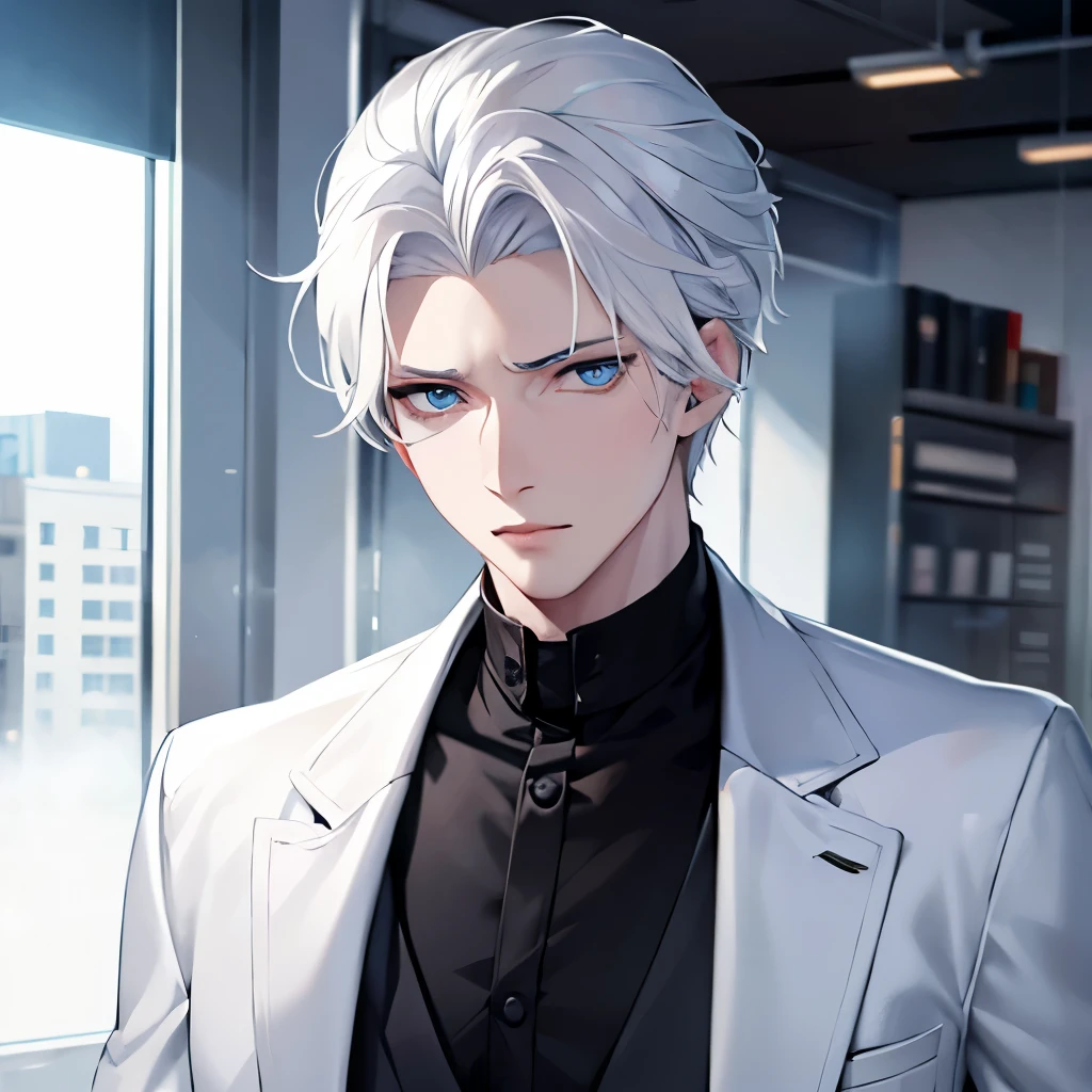 Boy, white hair, blue eyes, serious sharp features, white skin, young man, winter style, office