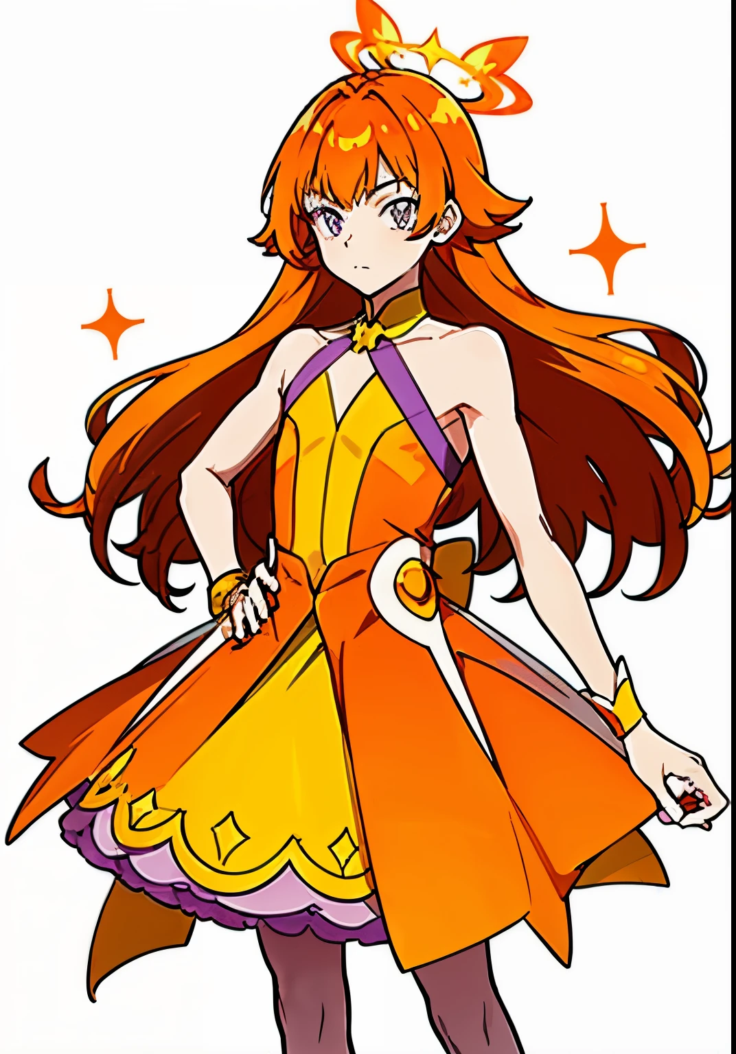 Cartoon image of a man in a dress, Boy with long twin-tailed hair in orange-brown color, official art, Boy with orange-brown long two-sided up hair, solo, Sparkling Magical Boy, official artwork, anime prince, boy with purple eyes, Head office artwork, muscular man, Bright Demon, fan art, Beautiful, Orange halo around her head, beautiful boy, cool anime boy, Orange and yellow and purple costumes, dress up darling anime, official anime artwork, 