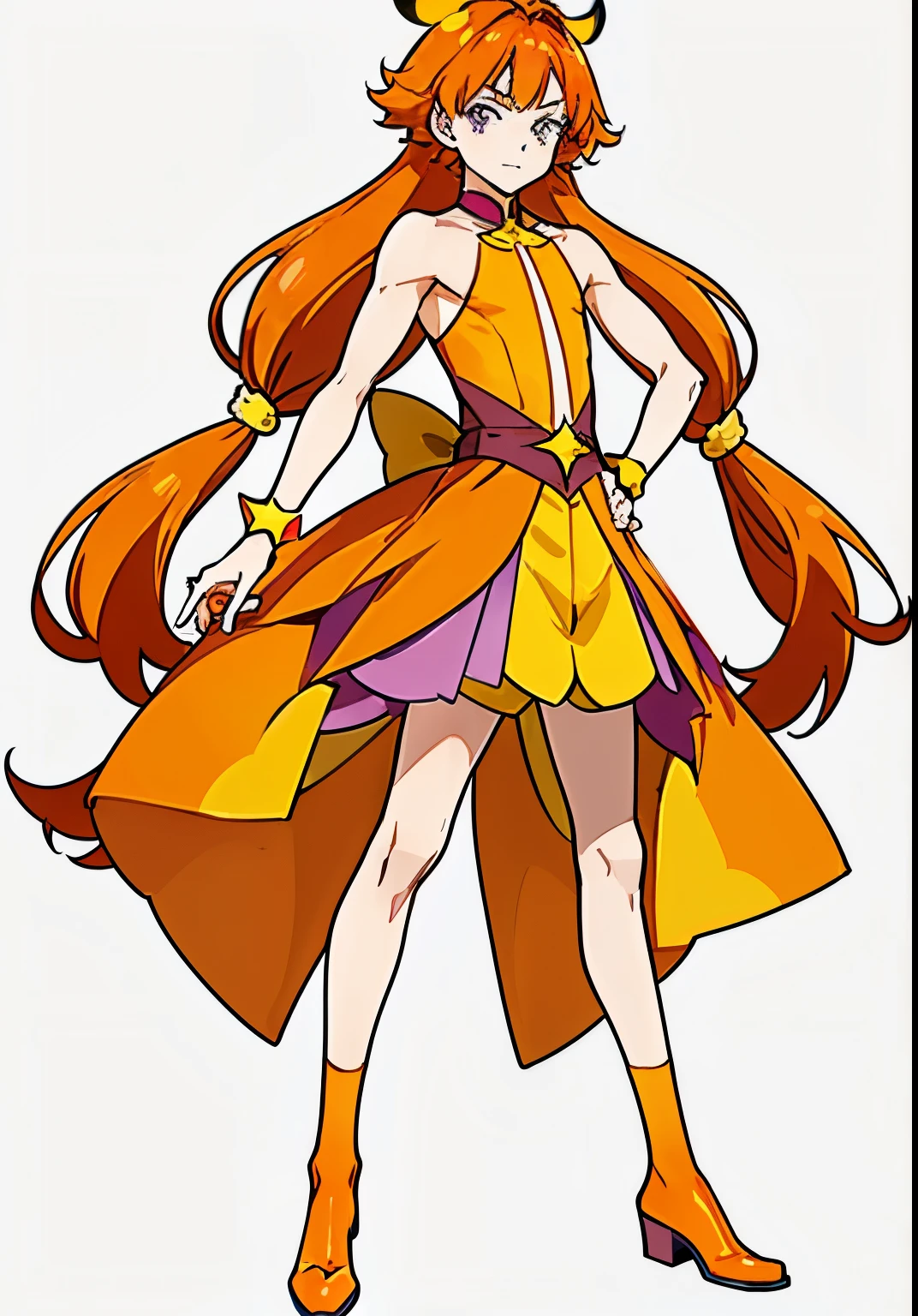 Cartoon image of a man in a dress, Boy with long twin-tailed hair in orange-brown color, official art, Boy with orange-brown long two-sided up hair, Sparkling Magical Boy, official artwork, anime prince, boy with purple eyes, Head office artwork, muscular man, Bright Demon, fan art, Beautiful, Orange halo around her head, beautiful boy, cool anime boy, Orange and yellow and purple costumes, dress up darling anime, official anime artwork,