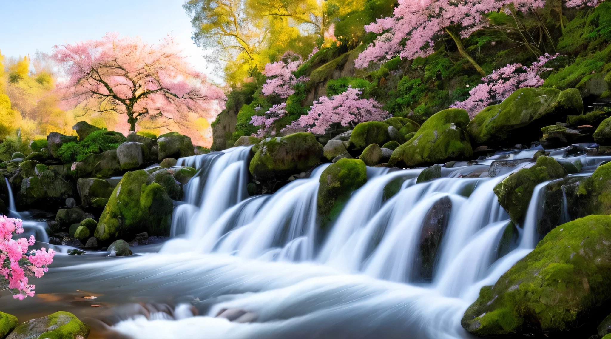 a painting of a cascade with pink flowers and green leaves on the winter with snow white, flowers and cascades, peaceful beau cascade, beau wallpaper, beau stunning cascade, very beau photo, fond d&#39;écran incroyable, beau cascade, cascade background, pink cascades, fond d&#39;écran HD, beaux arrière-plans, cascade(beau, fond d&#39;écran naturel, stunning cascade, fond incroyable, fond d&#39;écran nature animé, beau nature, with trees and cascades