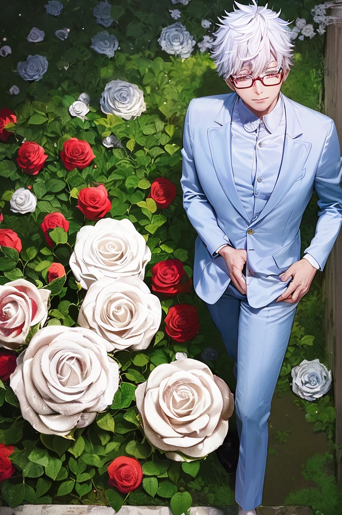 gojo_satouru, side_face, tall, wearing a suit, have white hair, jujutsu kaisen, wearing_glasses, beautiful art, solo, masterpiece, best quality, detailed face, detailed eyes, highres, ((((( a white garden with red roses background)))))
